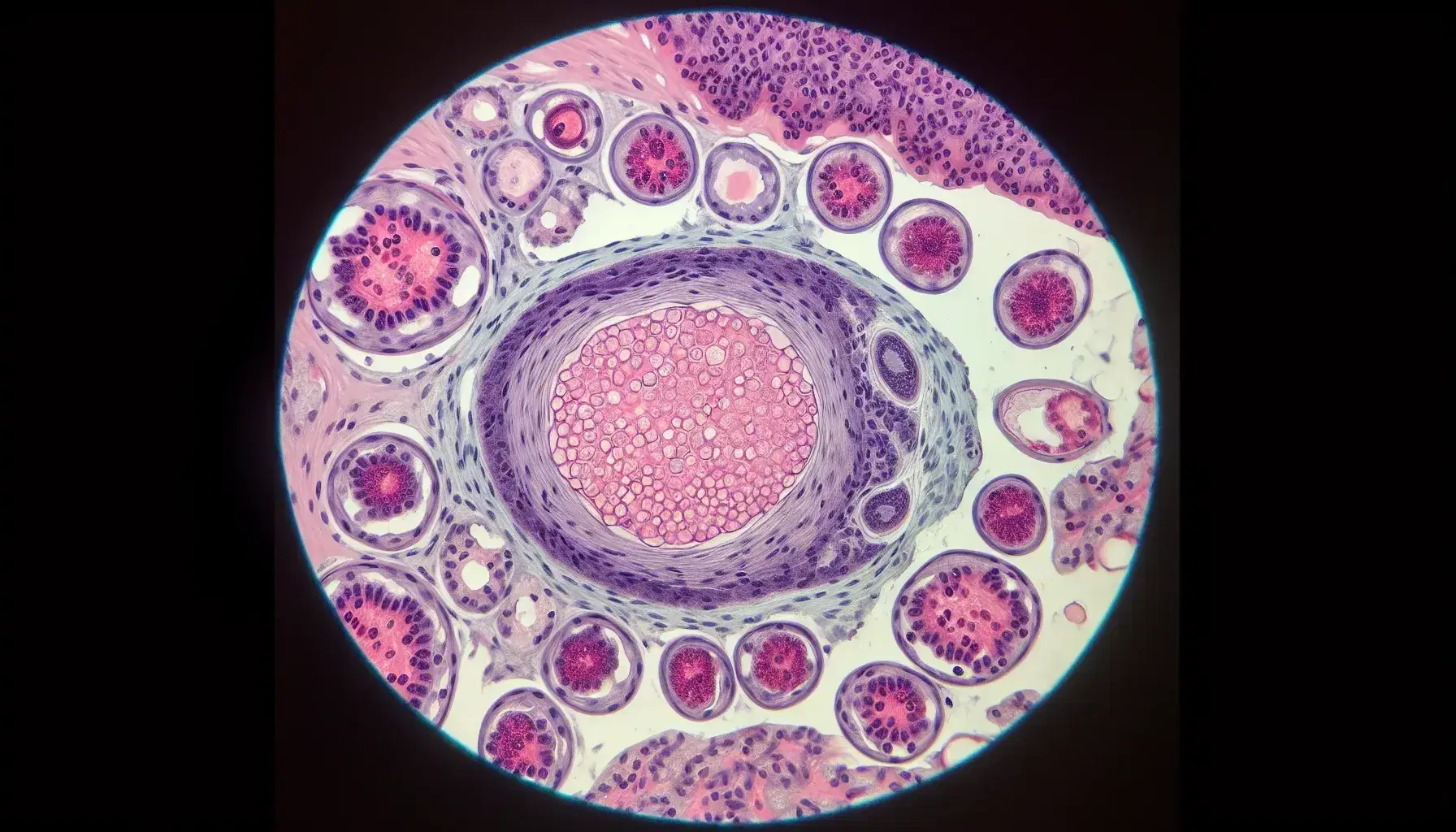 Vista microscópica de tejido ovárico humano con folículo de Graaf maduro y tejido testicular con tubos seminíferos y espermatozoides.