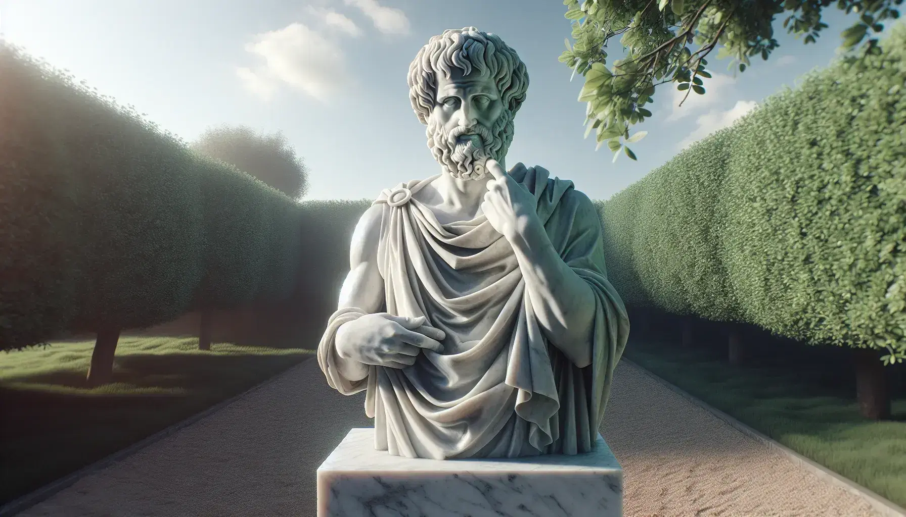Estatua de mármol blanco de Aristóteles pensativo con mano derecha al pecho y la izquierda en columna, en jardín con árboles verdes bajo cielo azul.