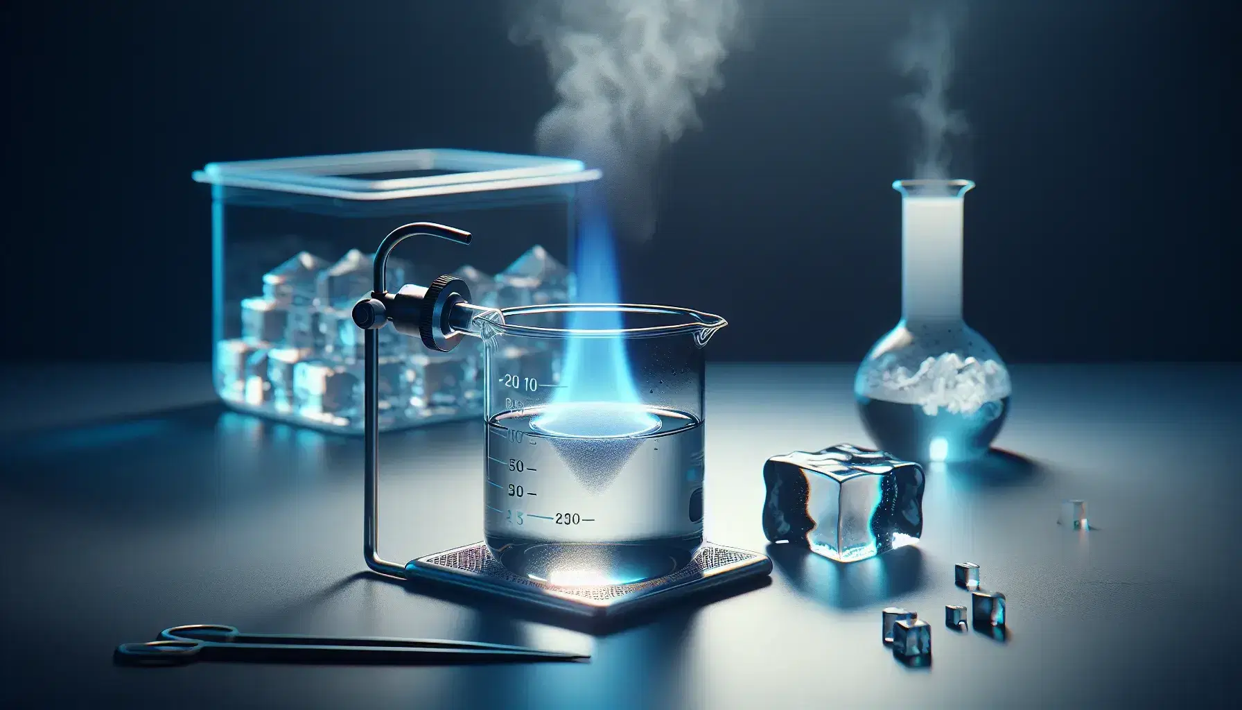 Glass beaker with boiling liquid on blue flame of Bunsen burner, visible steam, block of ice next to it and container with condensation.