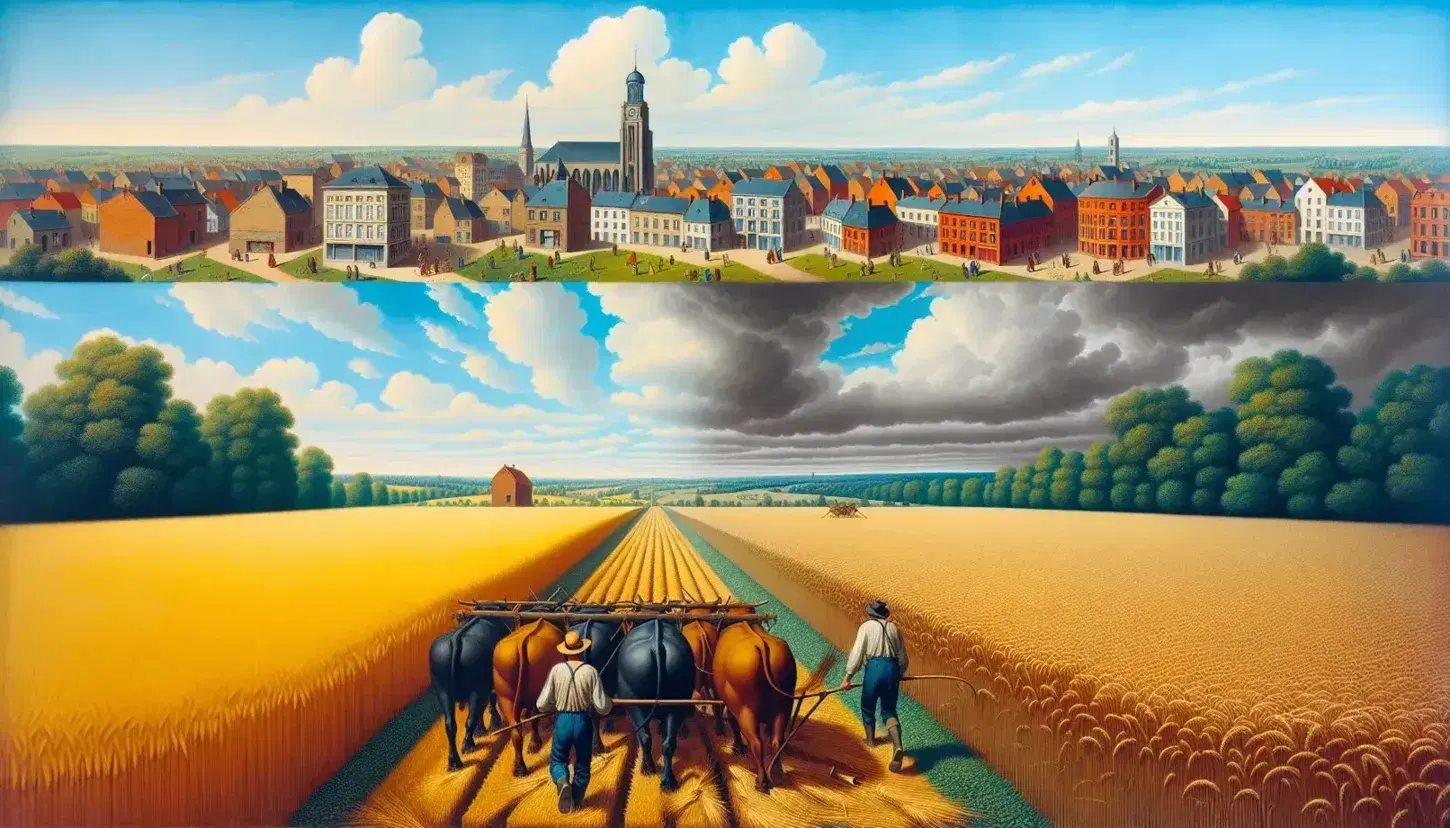 Paesaggio diviso tra campagna con contadino che ara campo di grano e città con edifici e chiesa, cielo più nuvoloso sopra l'urbano.