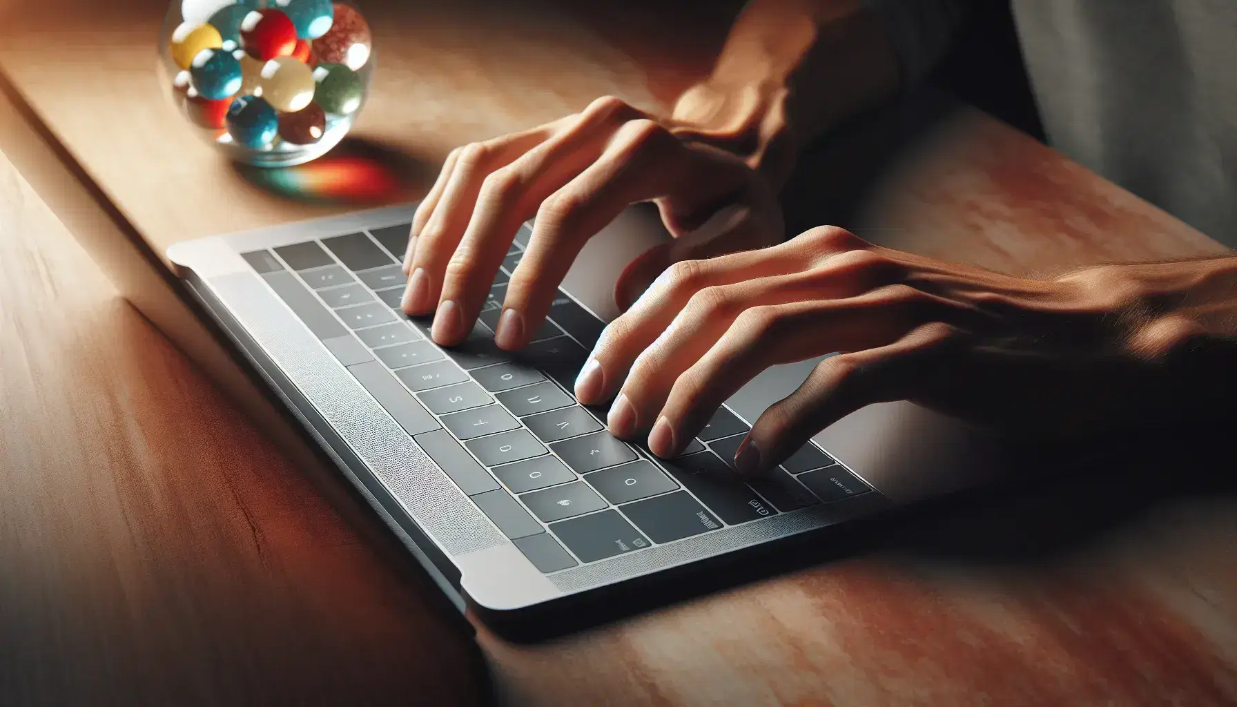 Hands resting on modern silver laptop keyboard while typing, blurred background with glass of colorful marbles on brown wooden table.