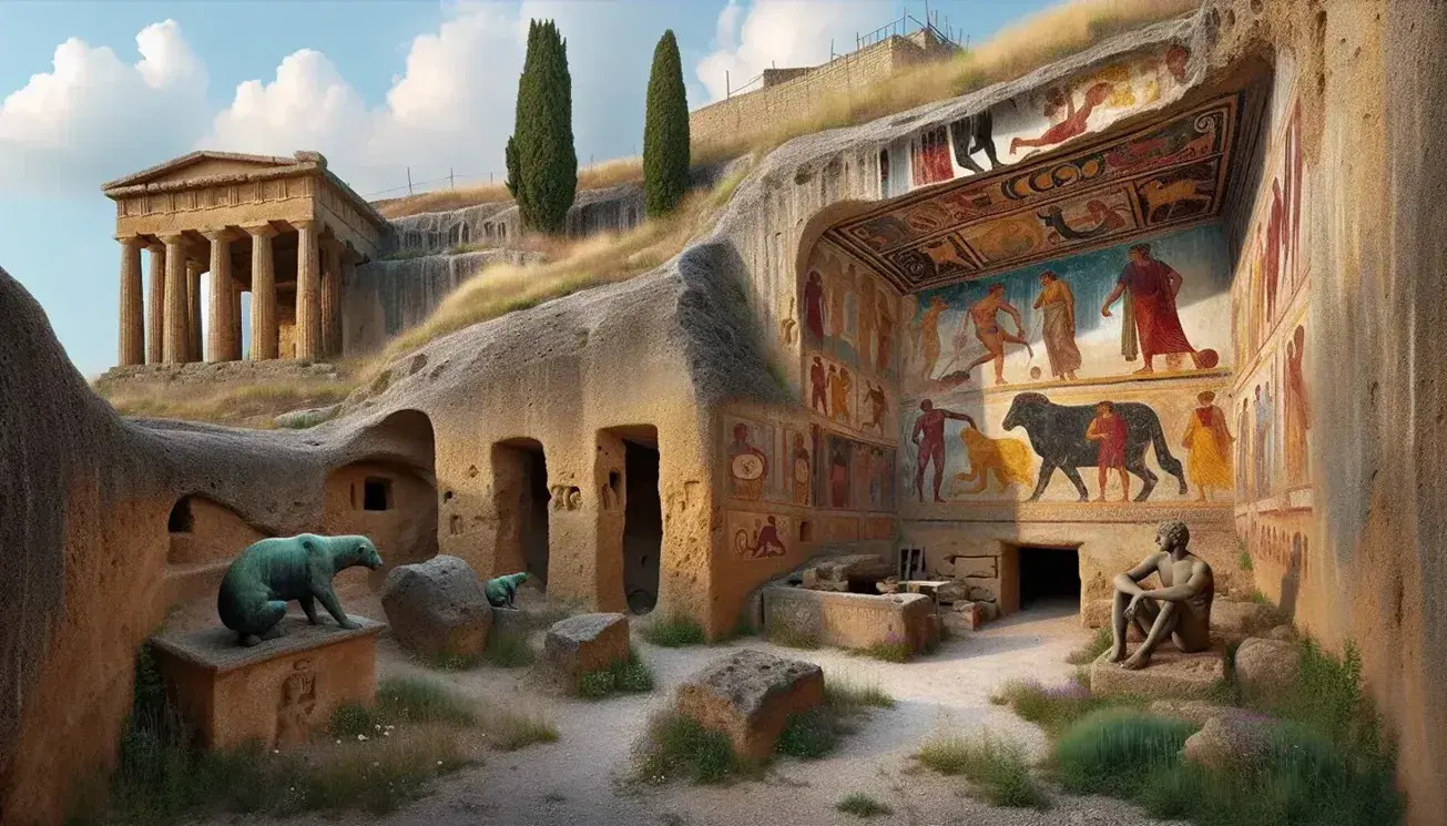 Scena archeologica con tomba etrusca affrescata, statue e tempio tra vegetazione sotto cielo azzurro, evidenziando arte e architettura etrusche.