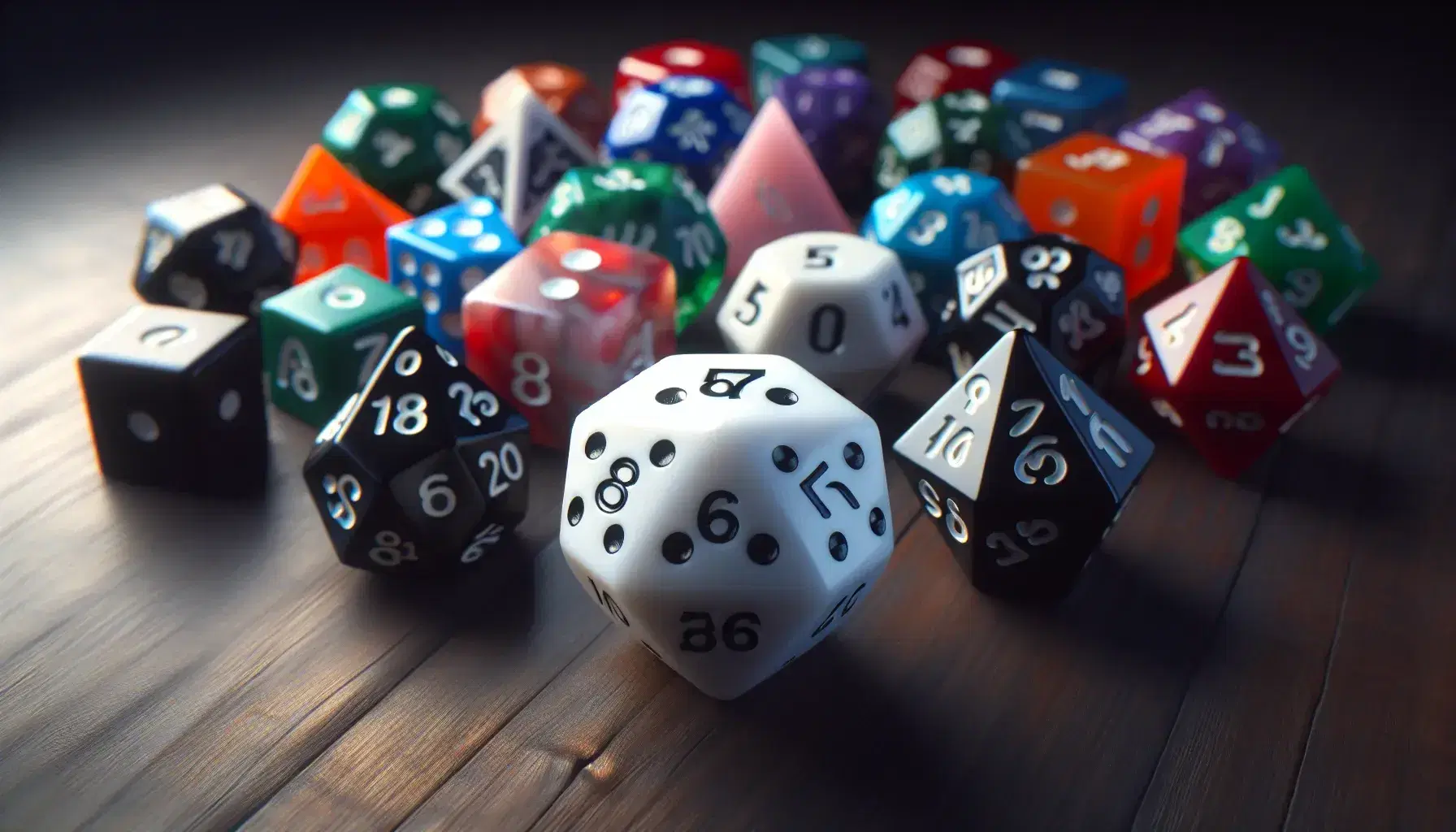 Colorful polyhedral dice used for role-playing games, including a white six-sided die, on a dark wooden surface with soft shadows.