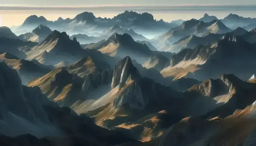 Vista panorámica de una cadena montañosa en España con cumbres rocosas, vegetación en tonos verdes y marrones, y cielo azul con nubes dispersas.