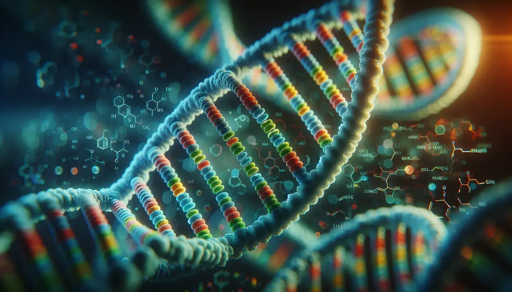 Close-up 3D illustration of a DNA double helix with a point mutation highlighted by a contrasting color in a base pair, set against a blurred background.