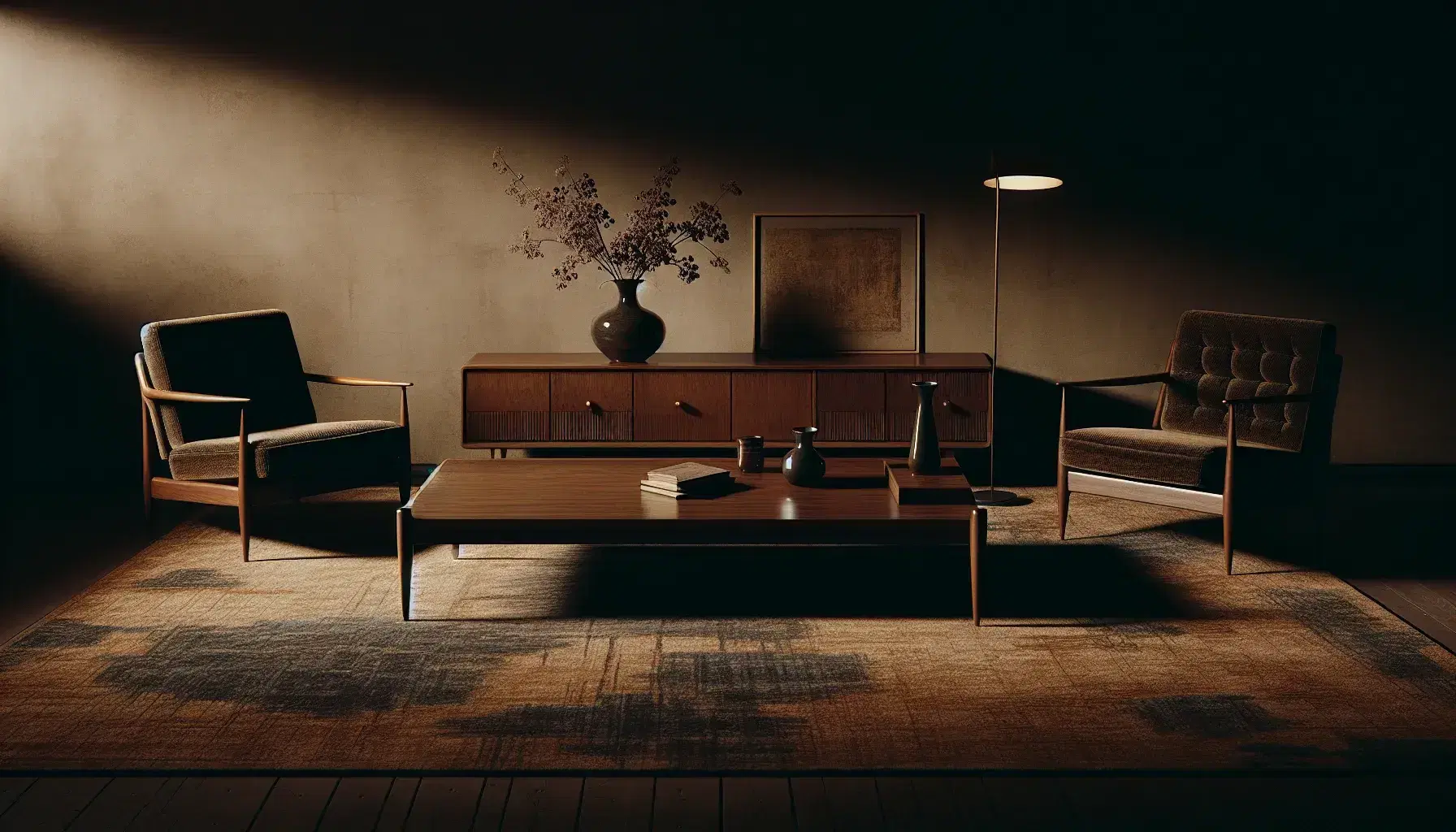 Mid-century modern living room with tufted armchairs, wooden coffee table, dark rug, sideboard with vase, and warm floor lamp lighting.