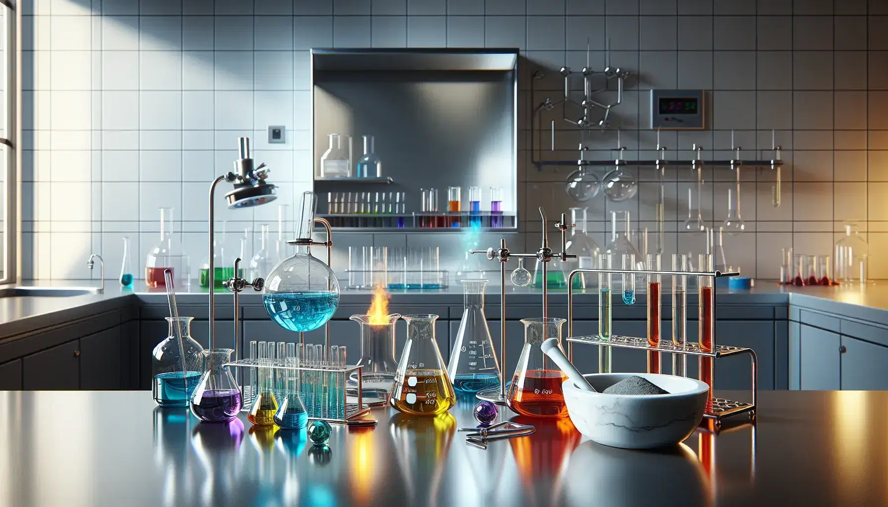 Laboratorio scientifico moderno con banco in acciaio, becher con liquidi colorati, bruciatore Bunsen acceso e mortaio con polvere grigia.