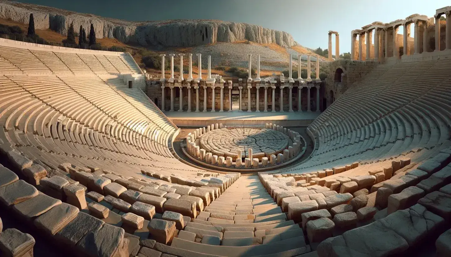 Ancient Theater of Dionysus in Athens with stone-paved orchestra, weathered columns of skene, and marble tiered seating under a clear blue sky.