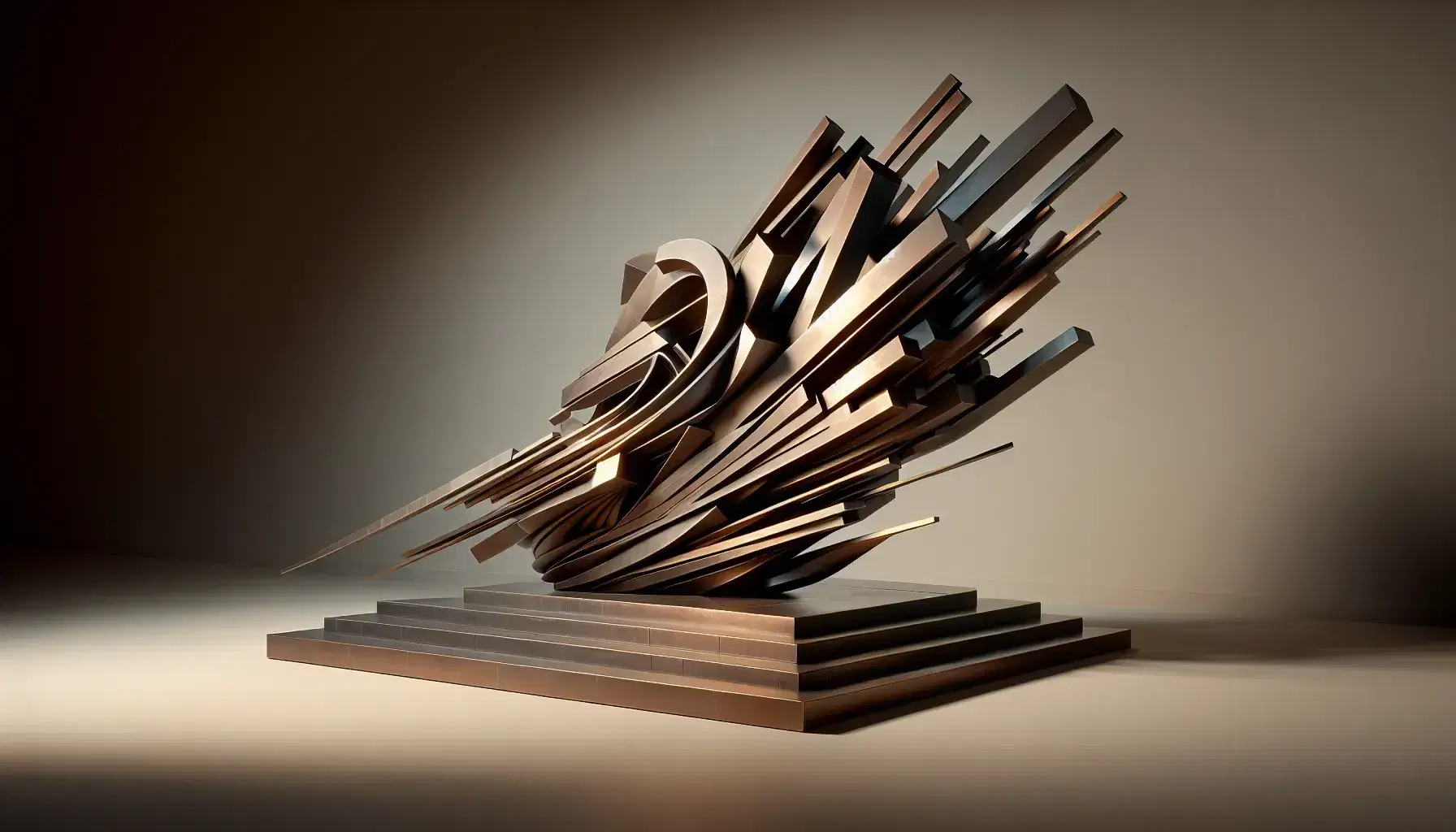 Scultura futurista in bronzo con linee dinamiche e forme geometriche che riflettono la luce, su sfondo neutro.