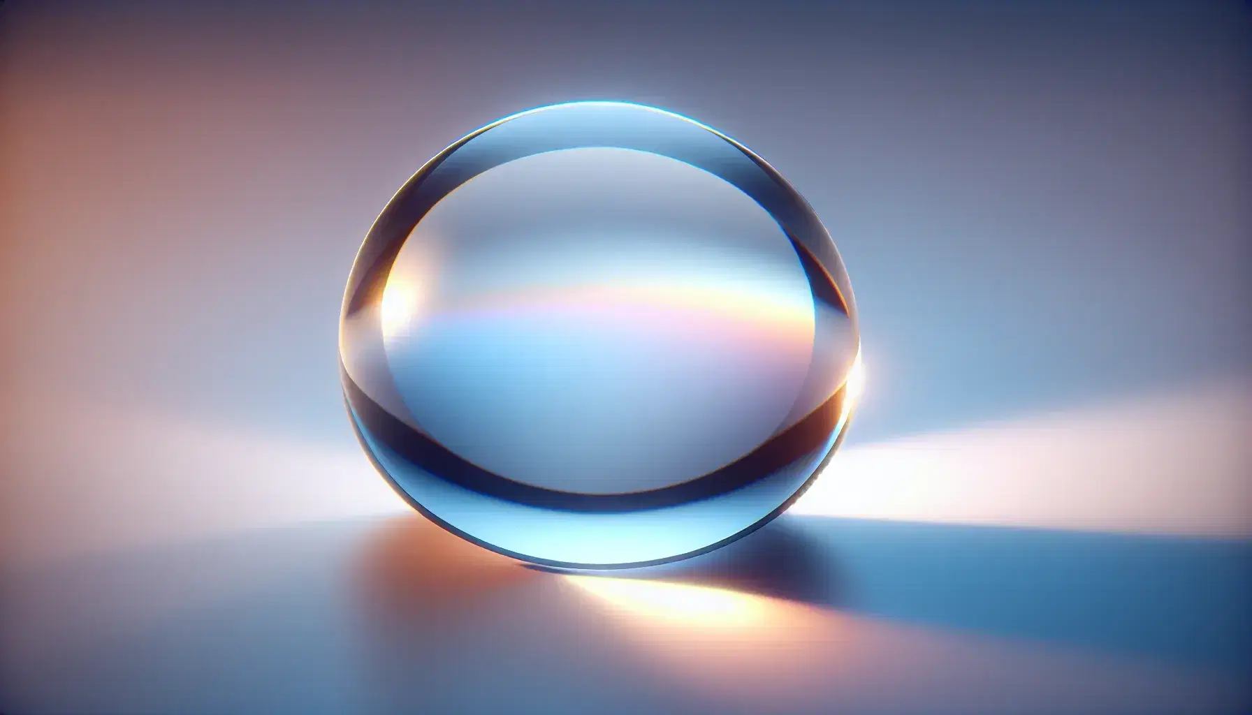 Close-up view of a biconvex optical lens on a reflective surface with a soft blue to white gradient background, highlighting its refractive properties.
