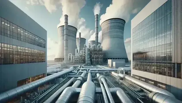 Centrale termoelettrica moderna con torri di raffreddamento iperboliche e tubature, sotto un cielo azzurro con vapore che si disperde nell'aria.