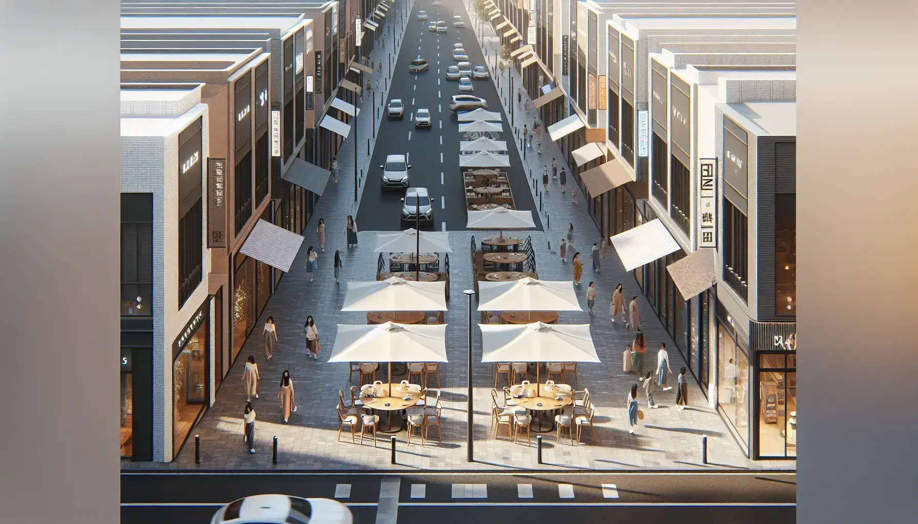 Vista aérea de calle comercial peatonal con tiendas de fachadas uniformes y toldos blancos, personas caminando y terraza de café con mesa y sillas.