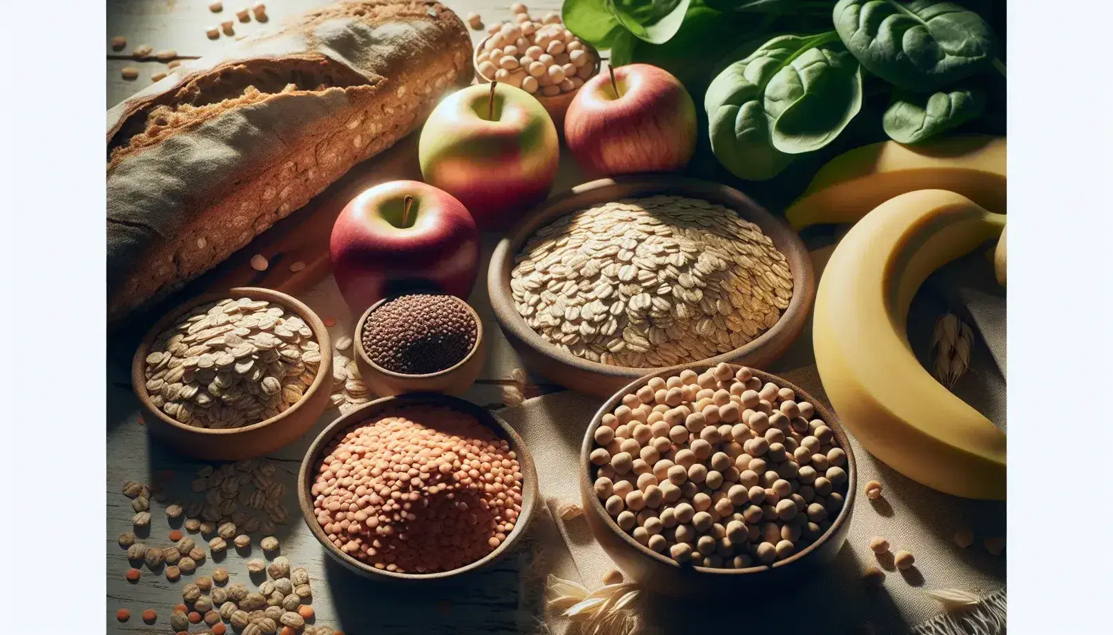 Variedad de alimentos naturales ricos en polisacáridos sobre superficie de madera clara, incluyendo avena, legumbres, manzana roja, plátano maduro y pan integral con espinacas al fondo.