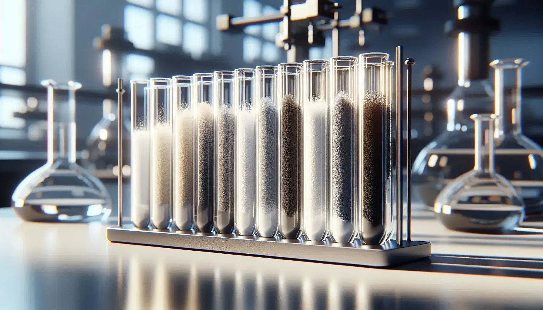 Tubi di vetro trasparenti con sostanze colorate da bianco a nero su supporto metallico in ambiente di laboratorio scientifico.
