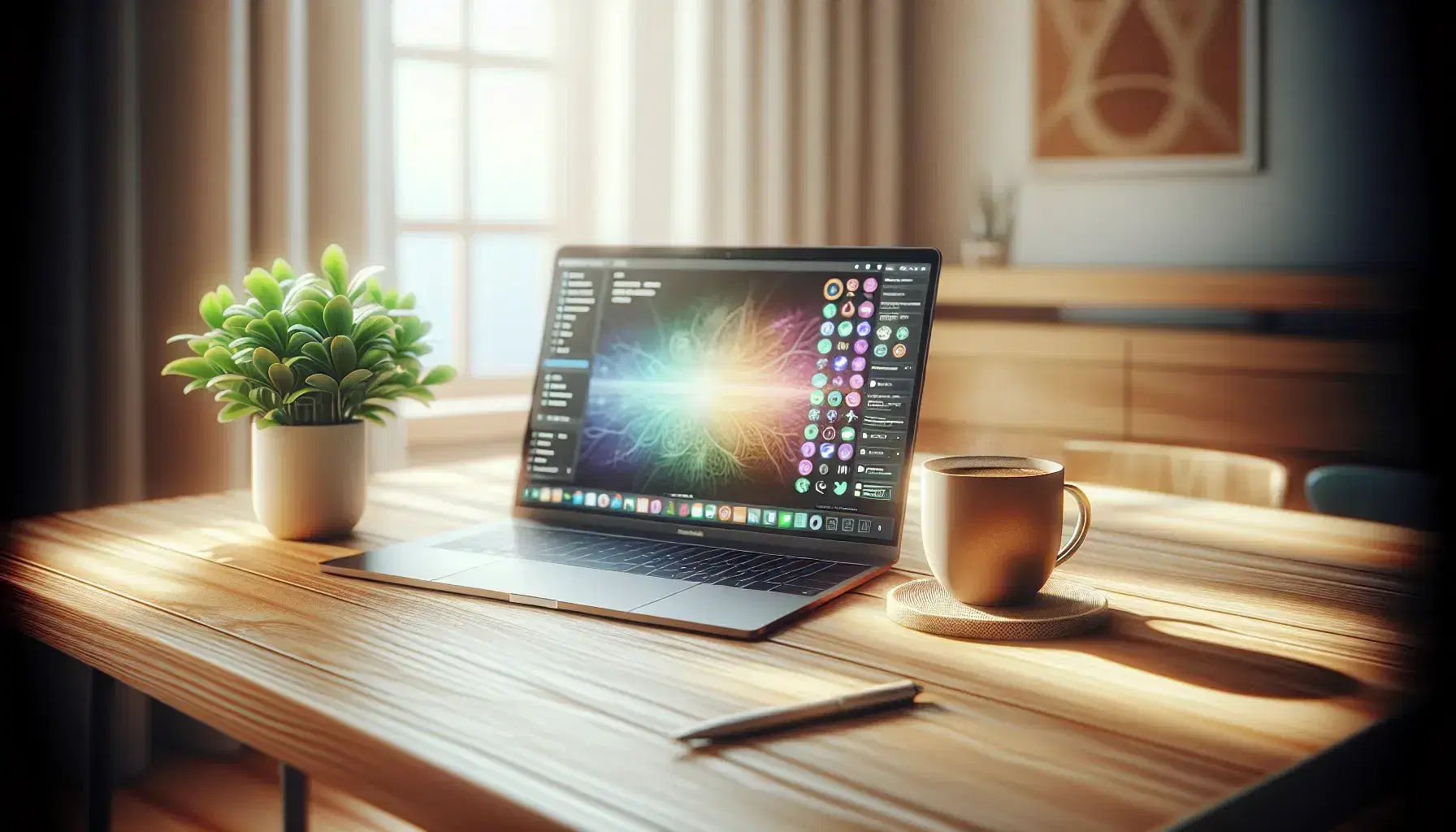 Escritorio de madera claro con laptop abierto, planta en maceta blanca y taza de café sobre posavasos, junto a ventana con cortinas blancas.