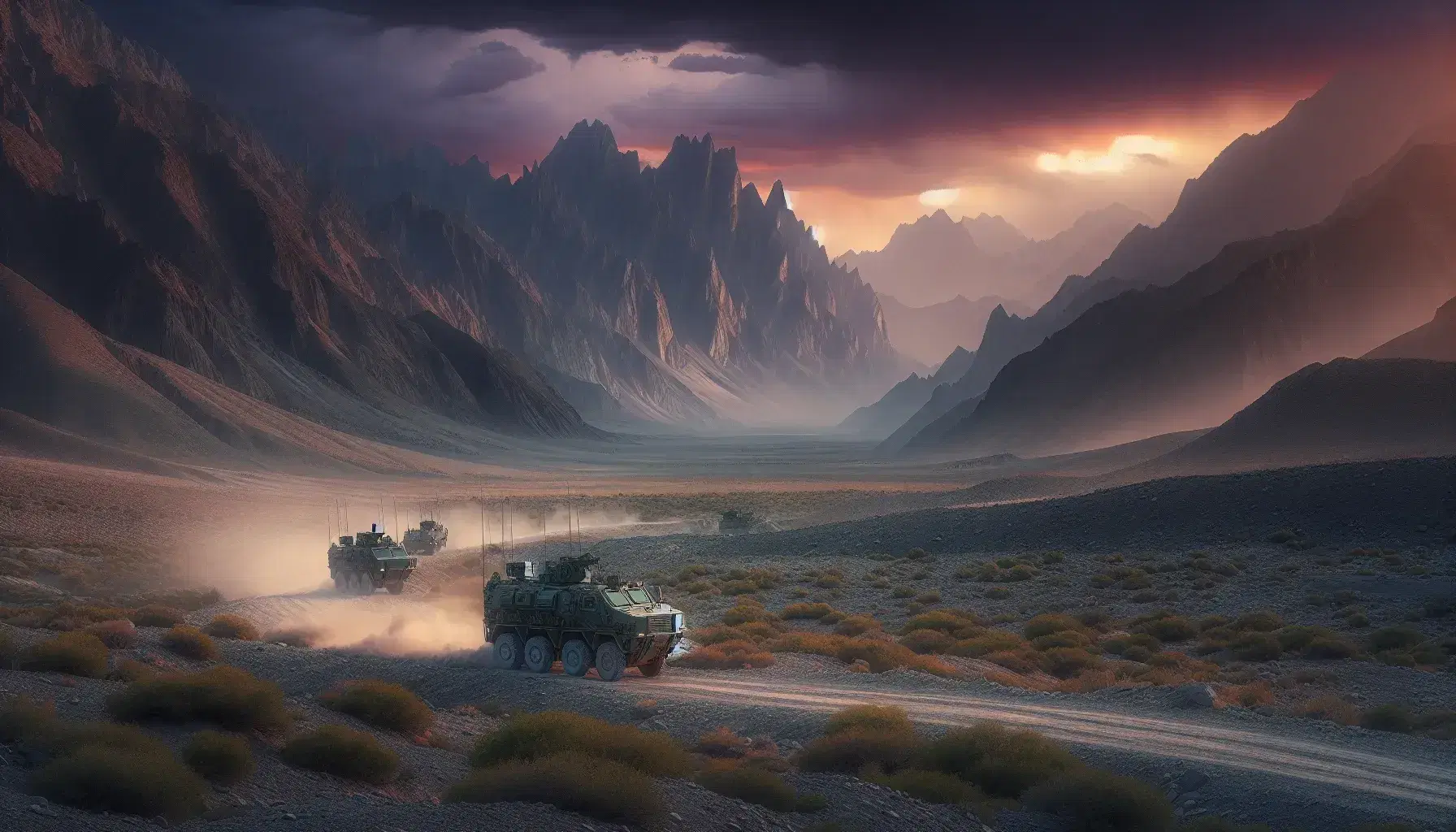 Sunset over a mountainous terrain with a convoy of three military armored vehicles driving on a dusty road, kicking up a haze of dust.