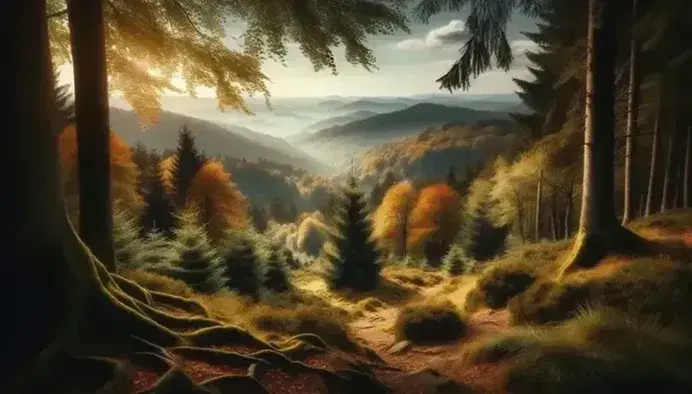 Panorama autunnale della Foresta Nera in Germania con alberi dai colori cangianti, cielo azzurro e sentiero naturale.
