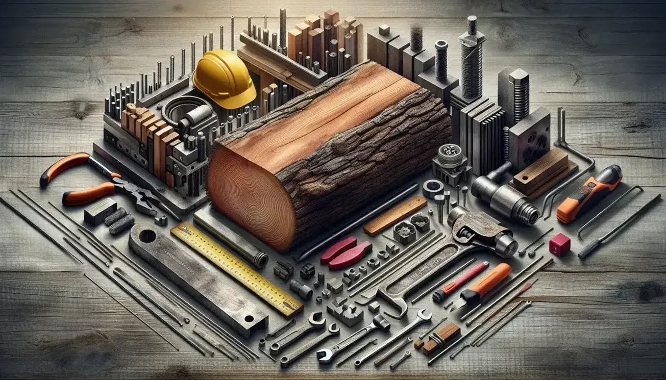 Madera rústica con anillos de crecimiento, herramientas metálicas y objetos de seguridad sobre superficie de madera, con estructura metálica y maquinaria al fondo.