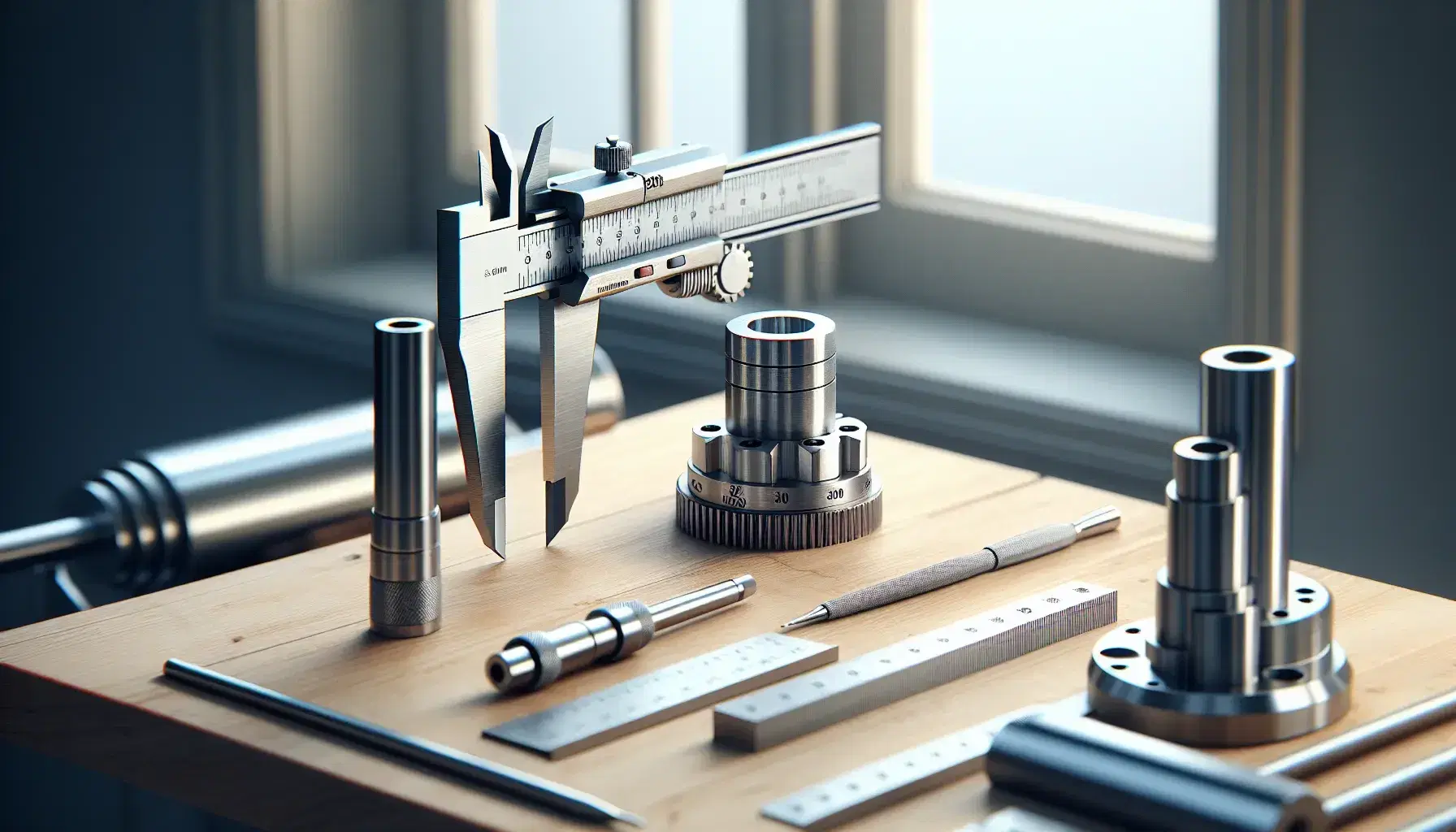 Strumenti di misura meccanici su banco da lavoro in legno chiaro, con calibro vernier in acciaio, micrometro e righello metallici, e pezzo cilindrico sfocato in primo piano.