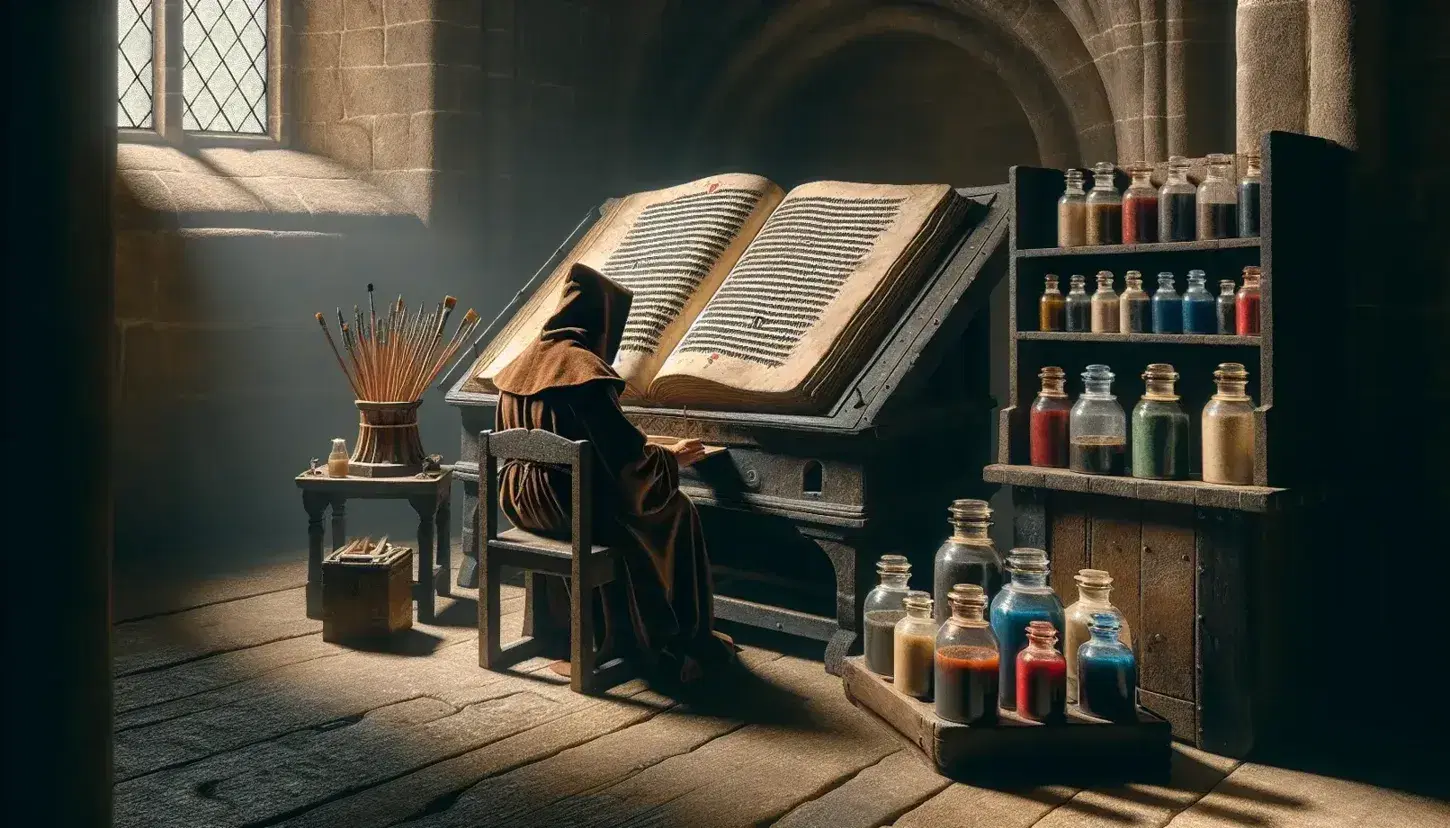 Monje en scriptorium medieval transcribiendo textos con libro grande, frascos de pigmentos y pinceles sobre mesa, iluminado por ventana de arco.
