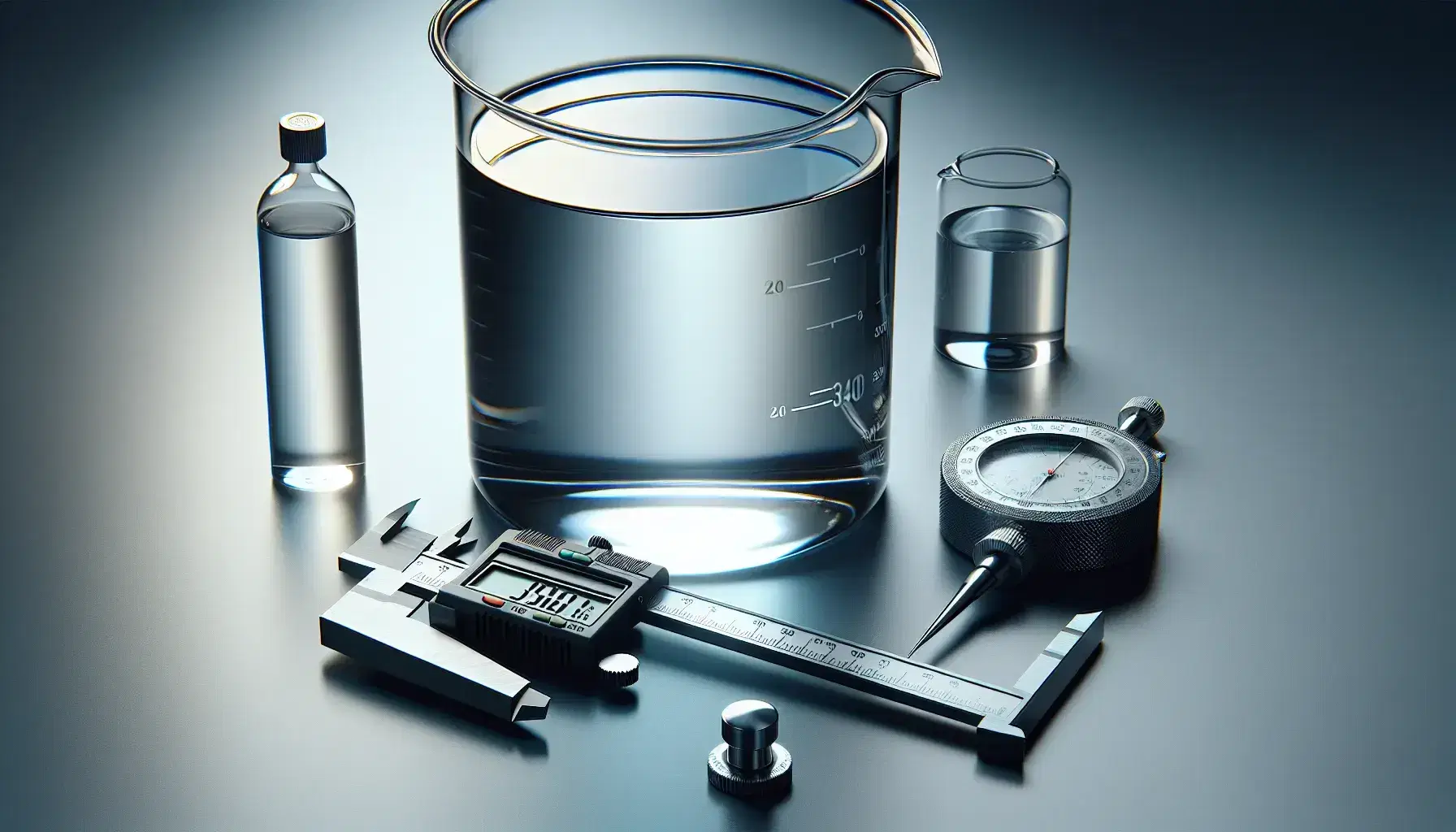 Precision measurement tools including a stainless steel Vernier caliper, a glass beaker with liquid, and a digital stopwatch on a gray surface.