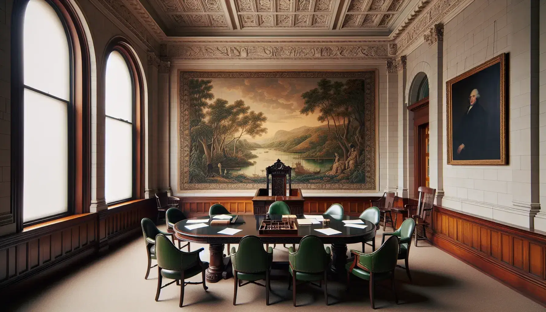 Sala storica con tavolo in legno, sedie con cuscini verdi, tappezzeria paesaggistica e statua marmorea, illuminata da finestre ad arco.
