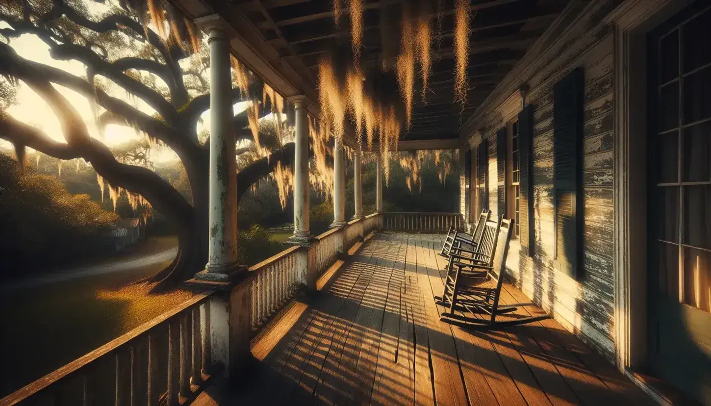 Weathered wooden porch with peeling paint, two rocking chairs, and white columns under a late afternoon sun, framed by a large oak with Spanish moss.