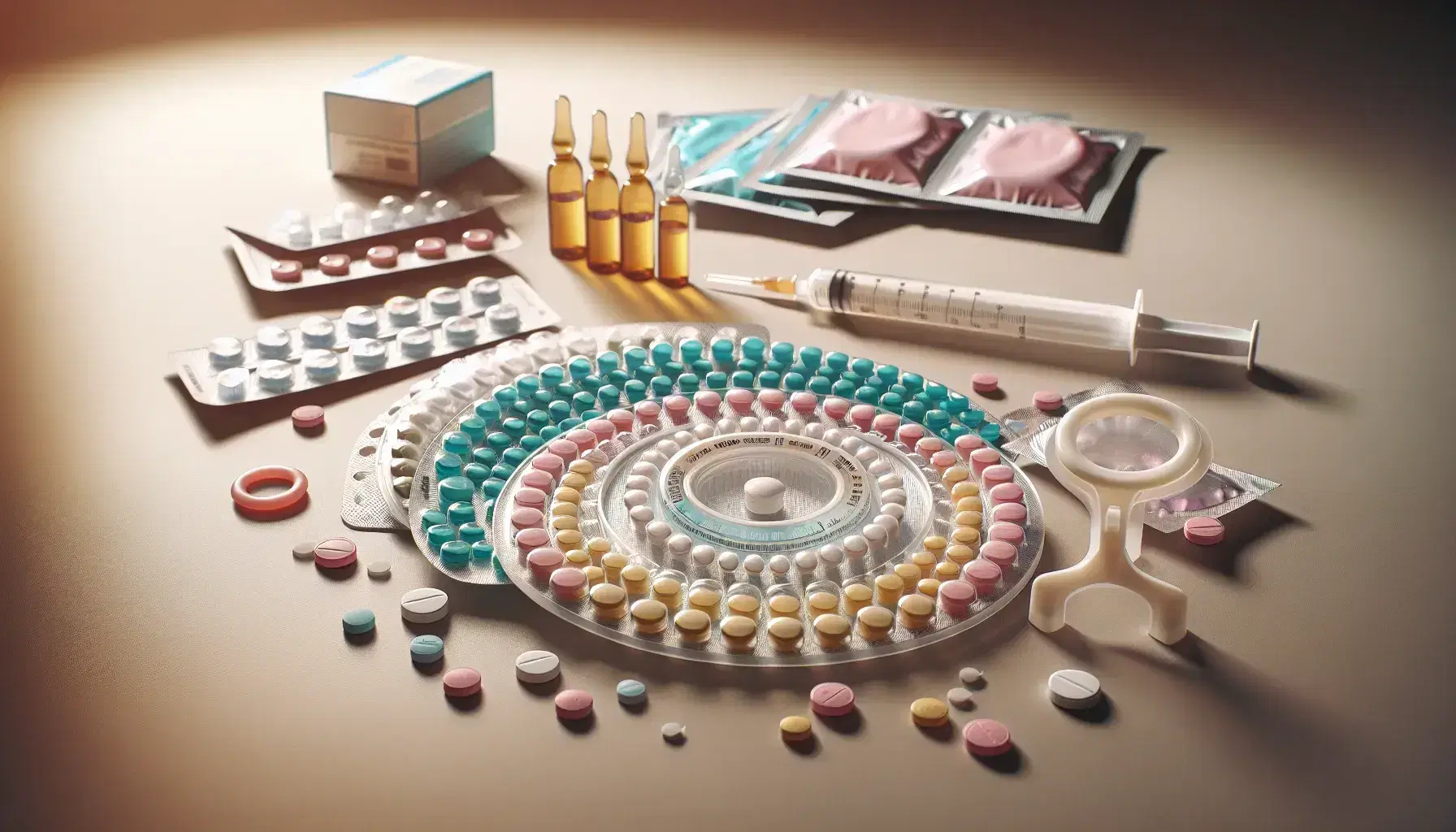 Variedad de métodos anticonceptivos con pastillas en estuche circular, inyección anticonceptiva, DIU blanco y condones de colores en fondo neutro.