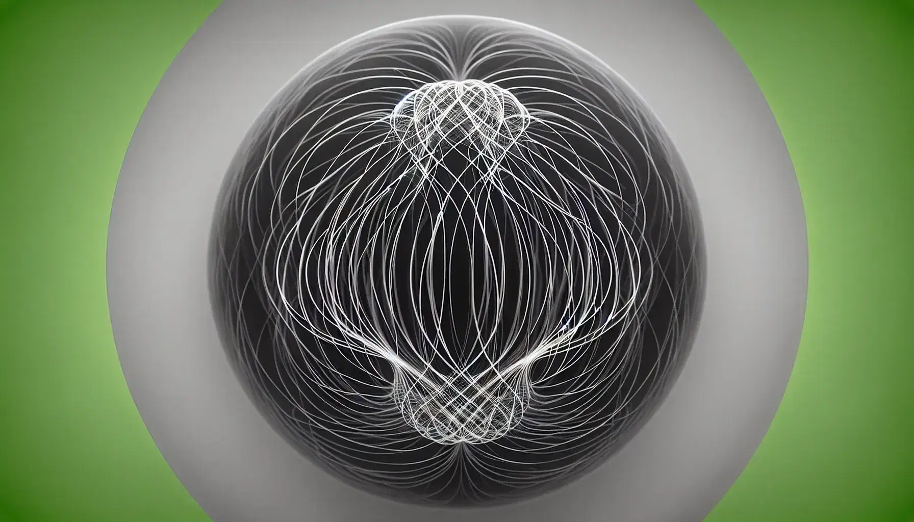 Photograph of a bubble chamber showing tracks of charged particles with curved and straight lines on a solid gray background.