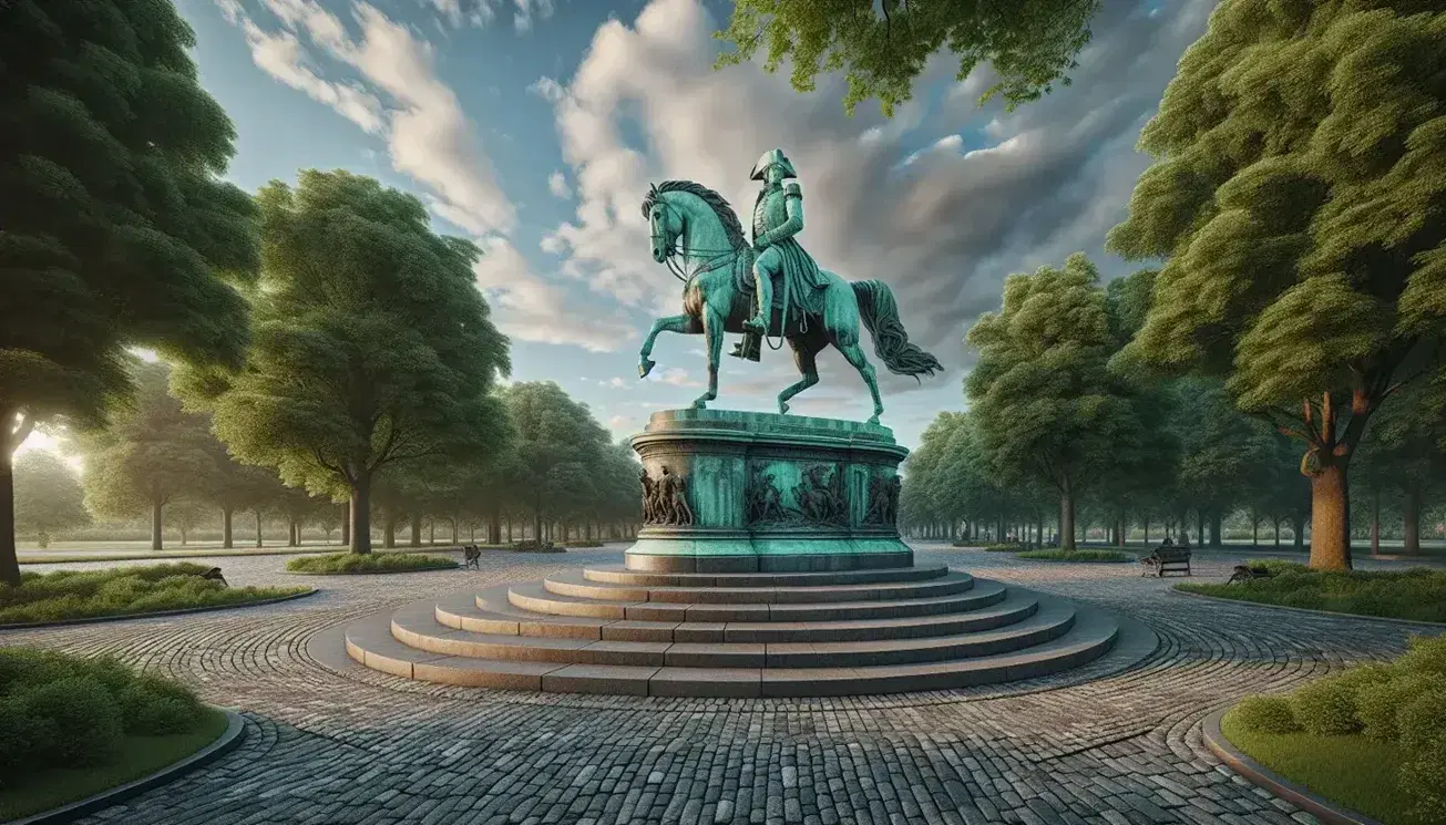 Estatua ecuestre de bronce con pátina verde de un militar del siglo XIX sobre pedestal de piedra, rodeada de árboles verdes y cielo parcialmente nublado.