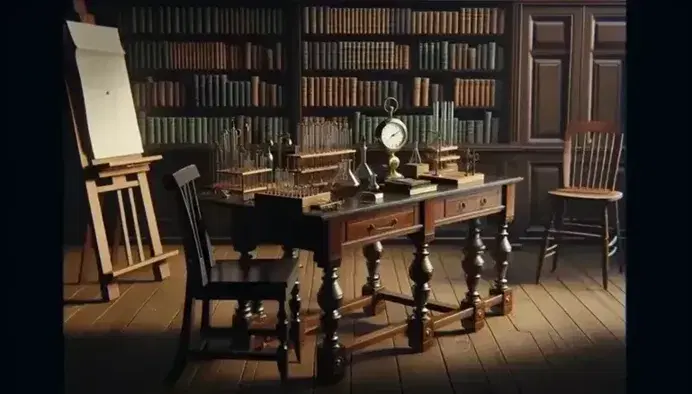 Laboratorio de psicología de finales del siglo XIX con mesa de madera oscura, instrumentos científicos de latón y vidrio, silla alta, estantería llena de libros y pizarra en caballete.
