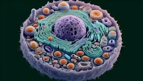 Vista microscópica de célula eucariota con núcleo púrpura, retículo endoplásmico azul, aparato de Golgi verde y mitocondrias rojas.