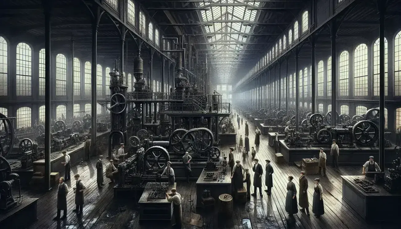 Scena di lavoratori intenti nelle mansioni tra macchinari pesanti e ingranaggi in una fabbrica dell'epoca della Rivoluzione Industriale.