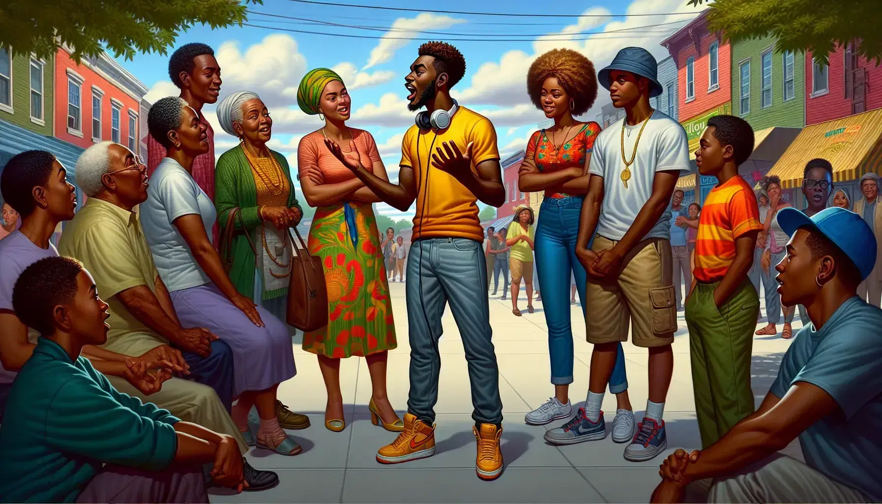 African American community engaging in a lively outdoor conversation, with a young man gesturing as he speaks to an attentive group under a clear blue sky.