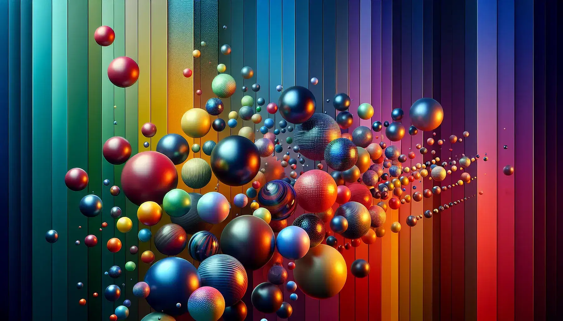 Sfere colorate sospese nello spazio con sfondo gradiente da viola a blu notte, riflettenti luce per un effetto tridimensionale.