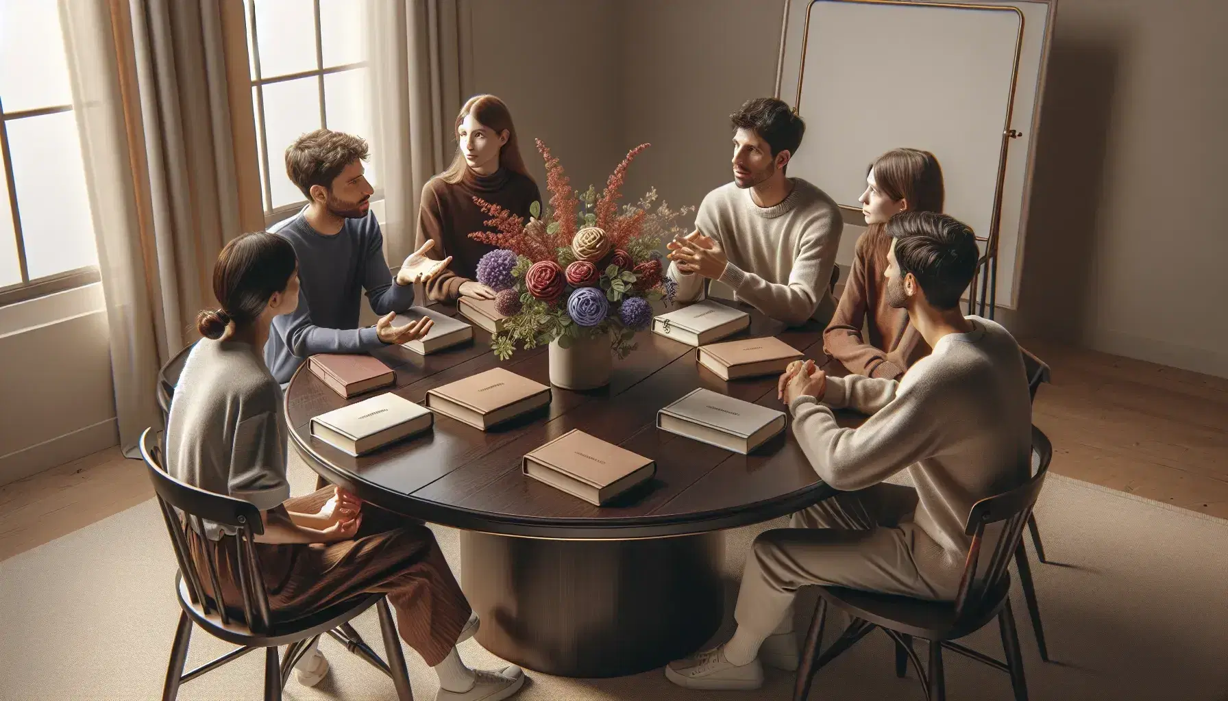 Grupo de cinco personas en animada discusión alrededor de una mesa redonda con libros y arreglo floral, en una sala iluminada naturalmente.