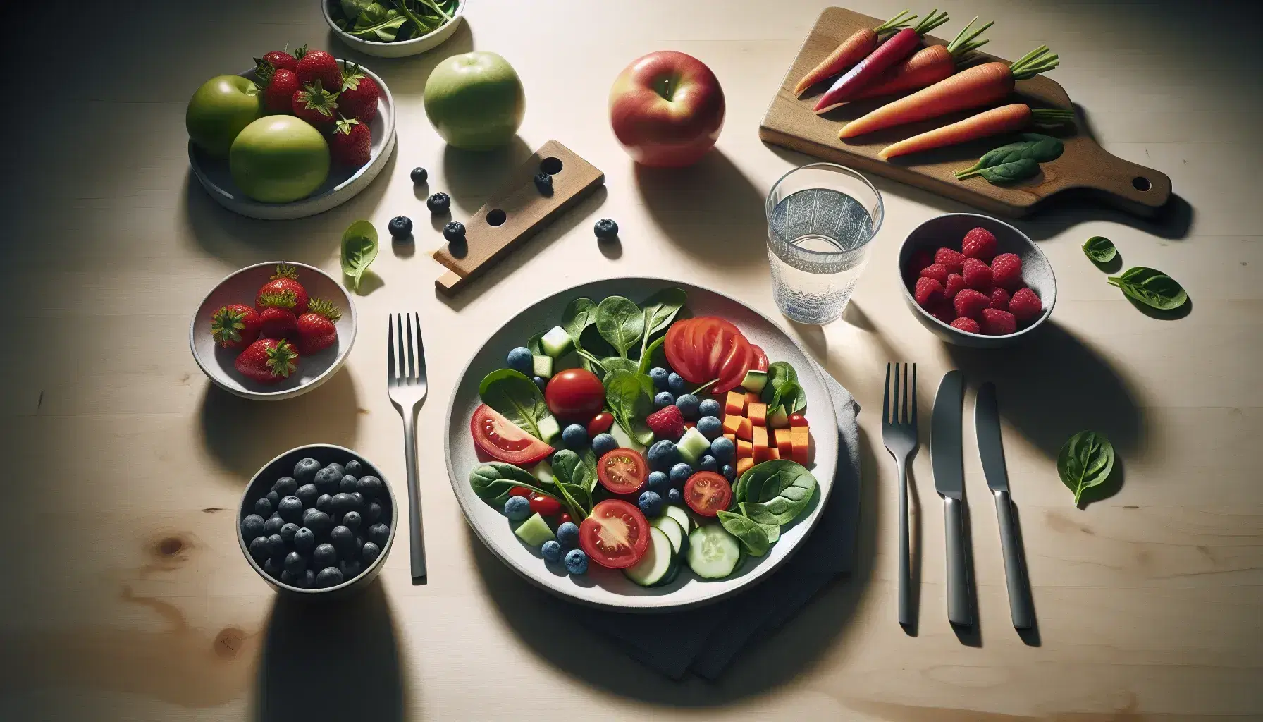 Mesa de madera clara con plato de ensalada fresca, vaso de agua, cuenco de frutas rojas y cubiertos, acompañados de uvas, manzana y banana al fondo.