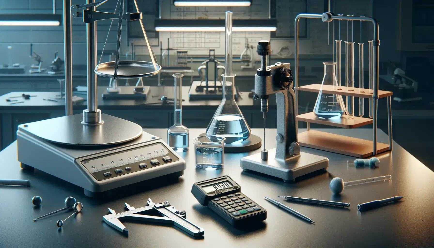 Laboratorio de física con calibre Vernier, cronómetro digital, balanza analítica y espectrómetro, junto a un trípode sosteniendo un matraz con líquido y tubo de ensayo con líquido azul.
