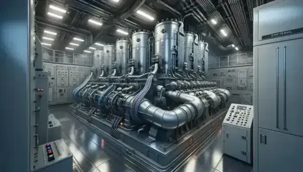 Sala macchine di nave con motori diesel grigi, tubature colorate, pannello di controllo centrale, armadietti metallici e figura umana di spalle.
