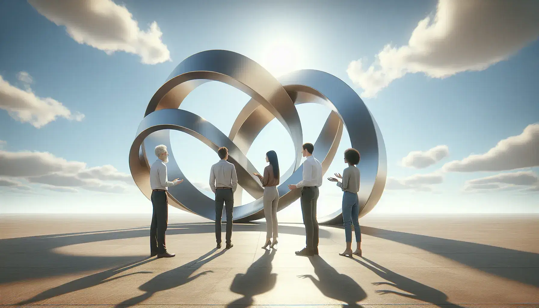 Grupo de tres personas conversando alrededor de una escultura metálica abstracta bajo un cielo azul con nubes dispersas, reflejando diversidad y diálogo.