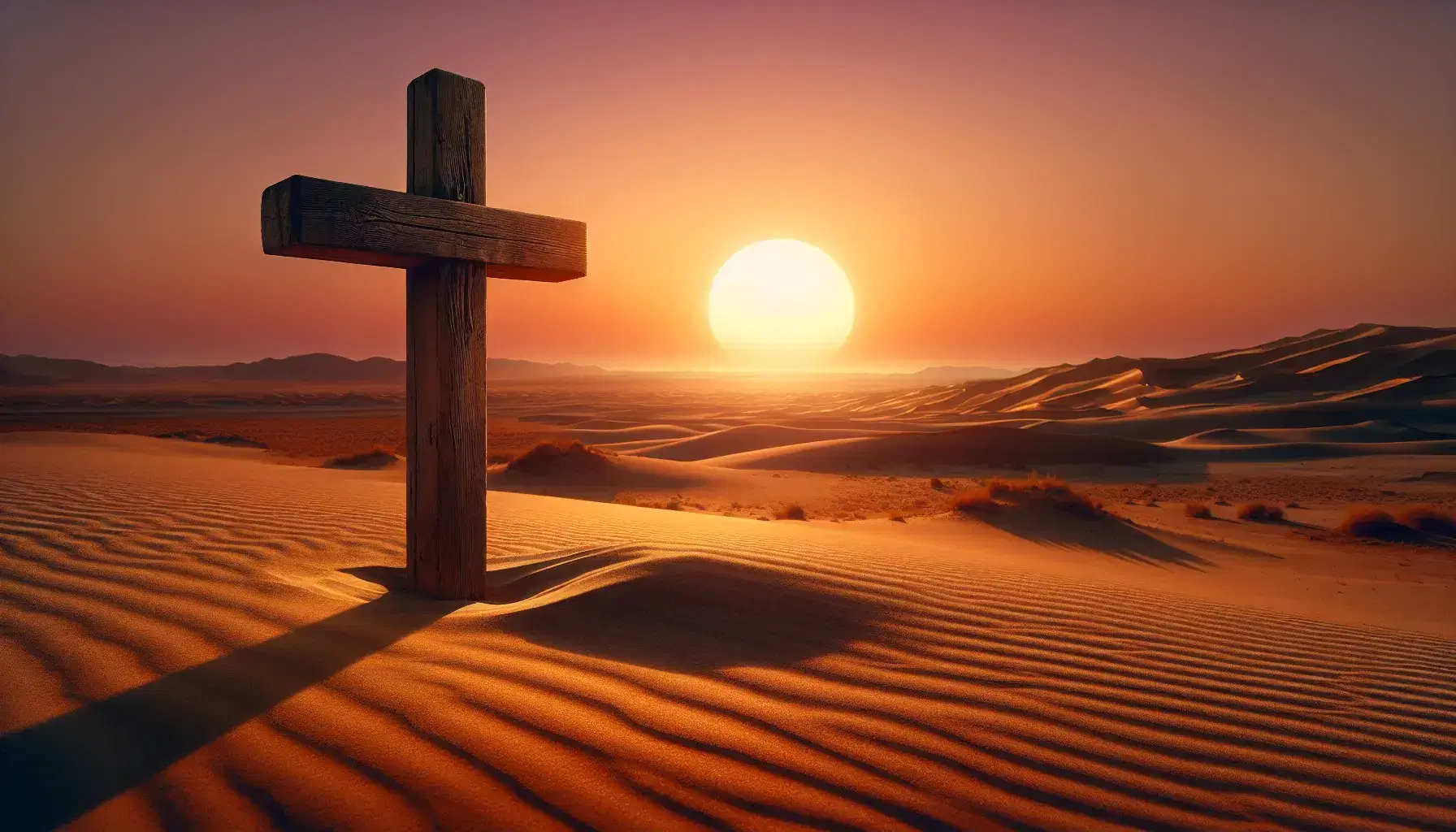 Serene desert twilight with a weathered wooden cross casting a shadow, surrounded by dunes, sparse vegetation, and distant mountains under a gradient sky.