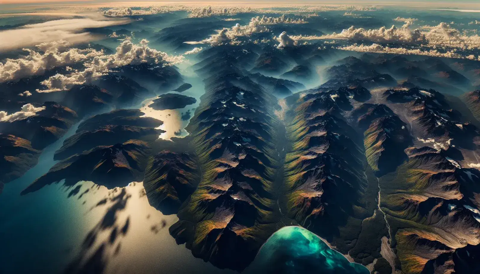 Vista aérea de una cadena montañosa con vegetación y rocas expuestas, valles verdes y un cuerpo de agua brillante bajo un cielo parcialmente nublado.