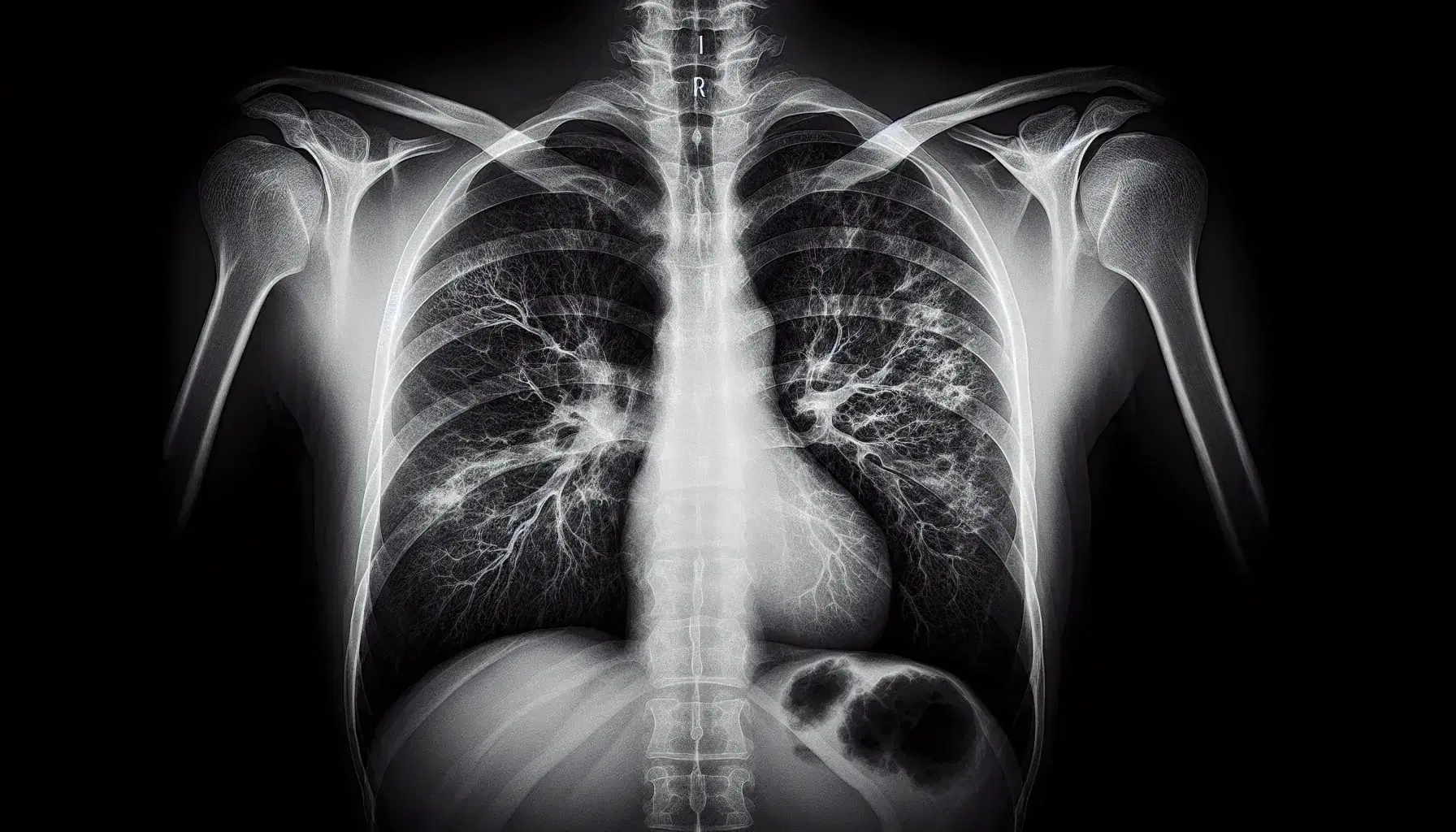 Radiografía de tórax mostrando siluetas pulmonares y cardíacas, con una zona oscura de bordes irregulares en un pulmón, sobre fondo negro.
