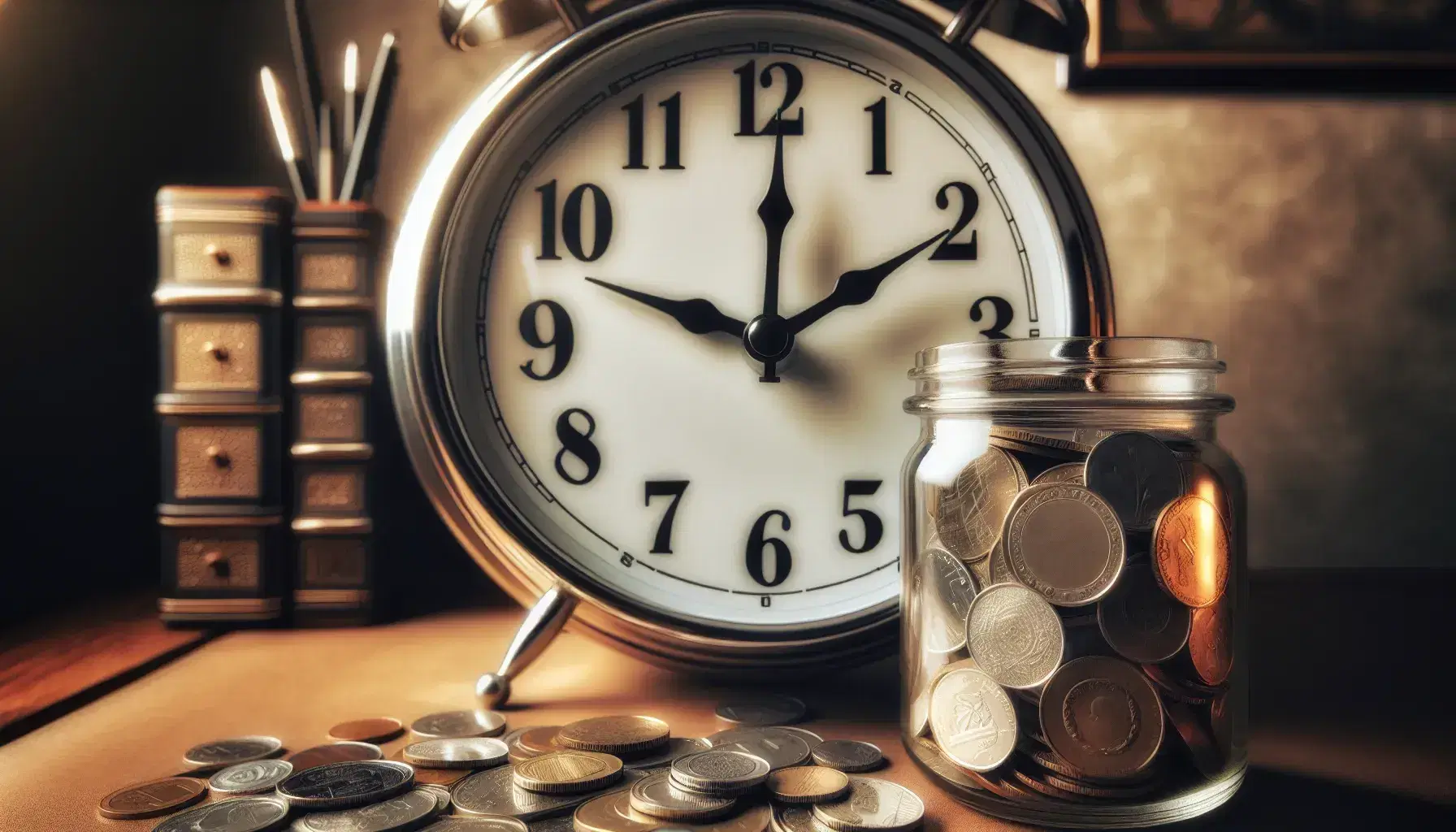 Traditional analog wall clock showing 10:10 with a glass jar of mixed coins on a wooden surface, warm gradient background.