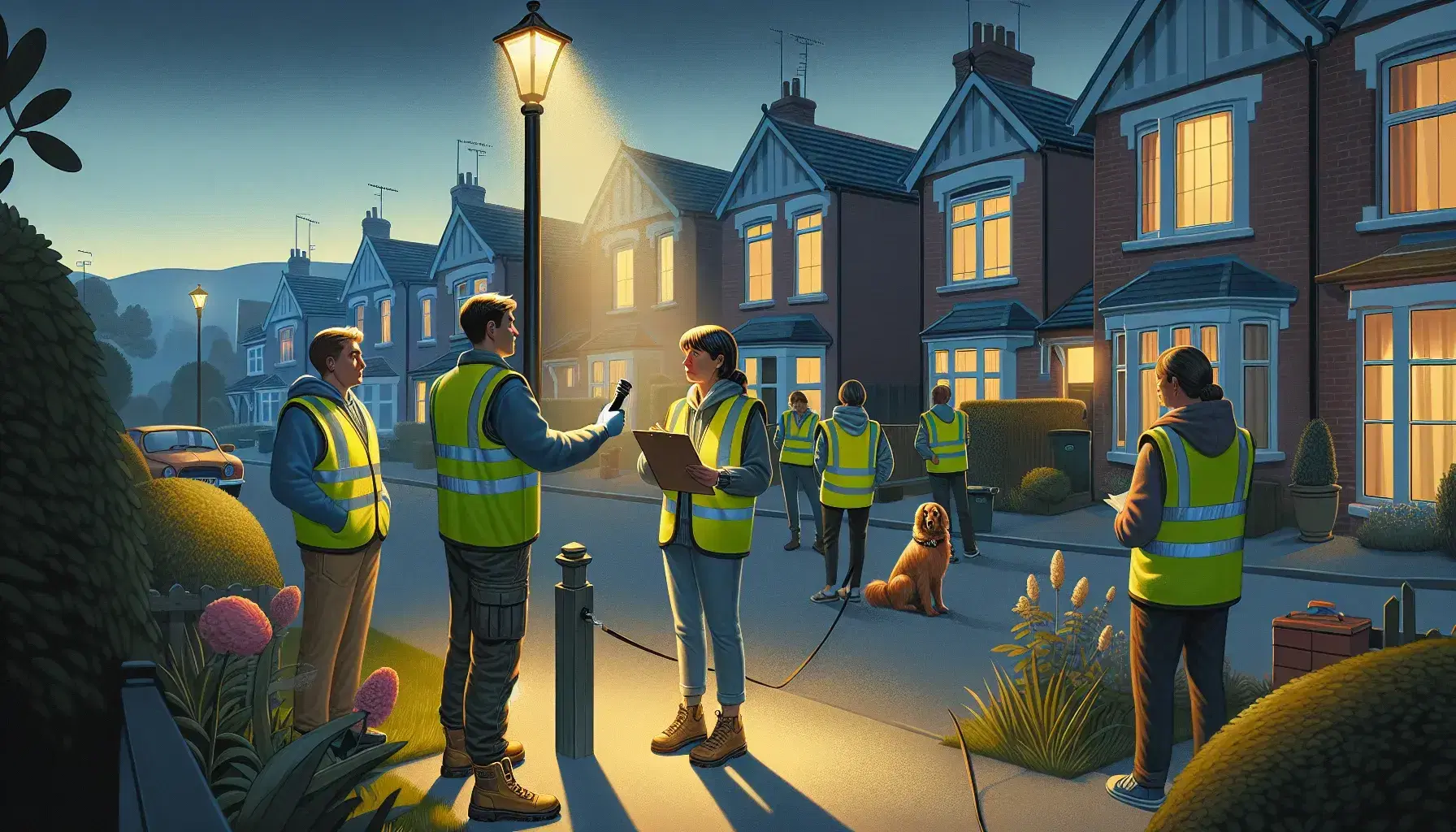 Neighborhood watch team in reflective vests with flashlight and clipboard on duty at dusk, engaging in community safety on a peaceful suburban street.