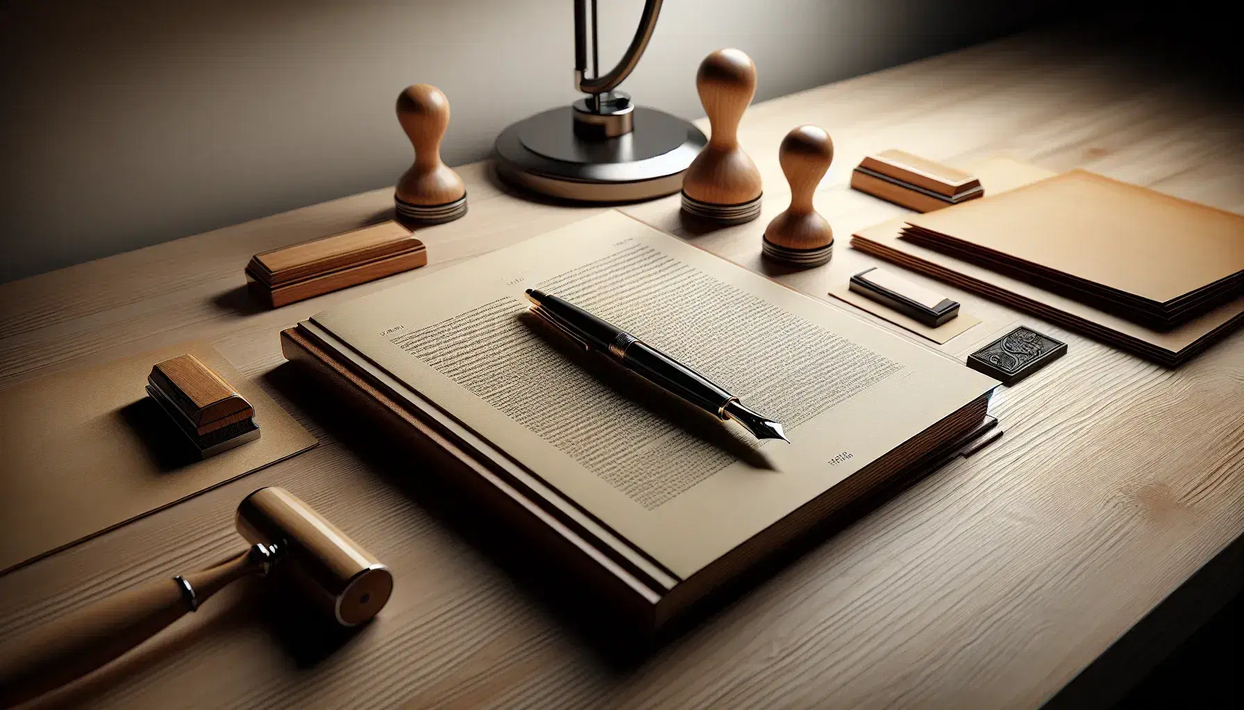 Escritorio de madera con libro abierto, pluma estilográfica, sello de goma y documentos bajo la luz cálida de una lámpara de escritorio.