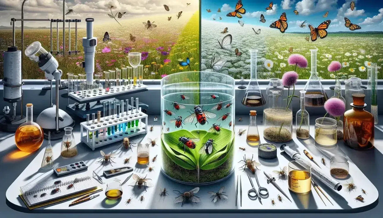 Scene divided with a laboratory containing a terrarium of fruit flies and an external environment with a flowering meadow and colorful butterflies.