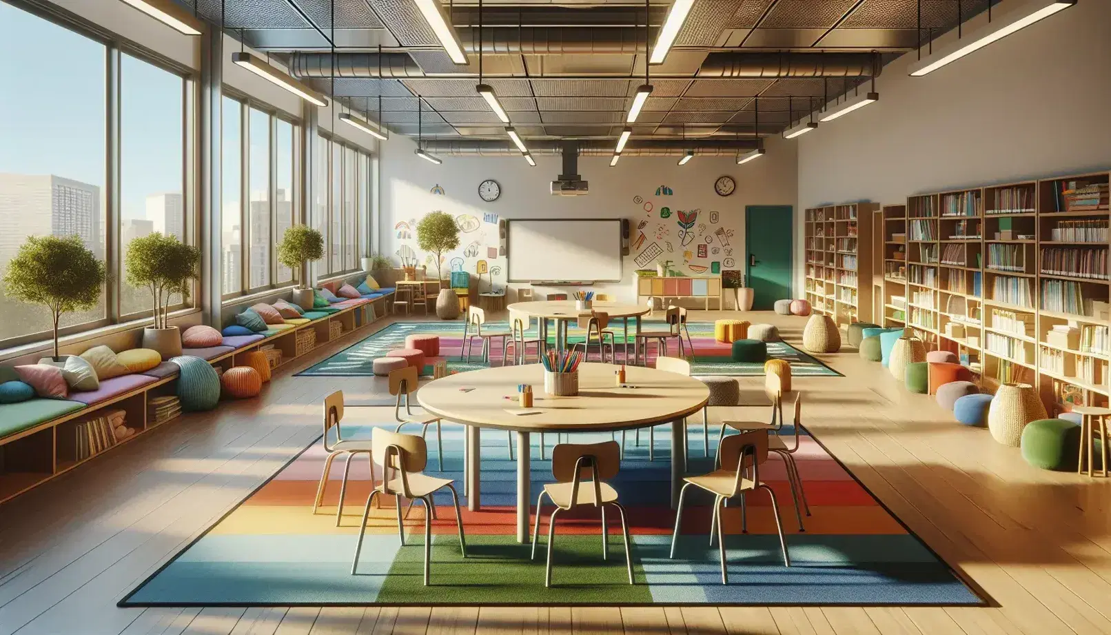 Aula espaciosa y luminosa con mesa redonda grande, sillas de diferentes alturas, rincón de lectura con alfombra colorida, pizarra blanca, estantes con materiales y plantas verdes.