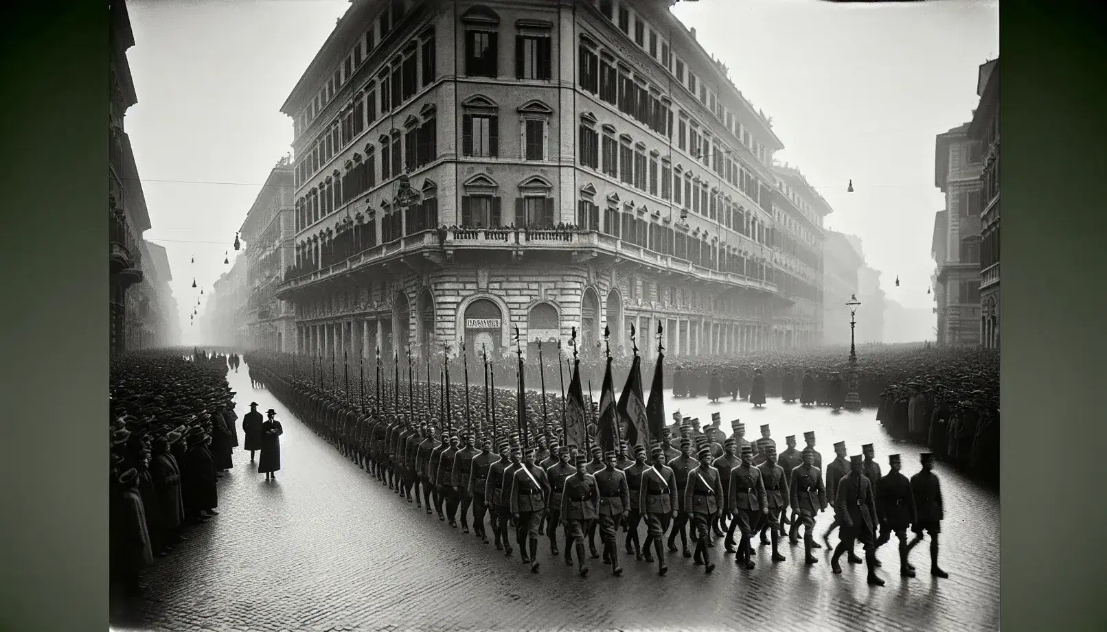 Marcia di uomini in uniforme con fez o elmetti e bandiere rettangolari su strada di Roma, tra edifici storici e spettatori.