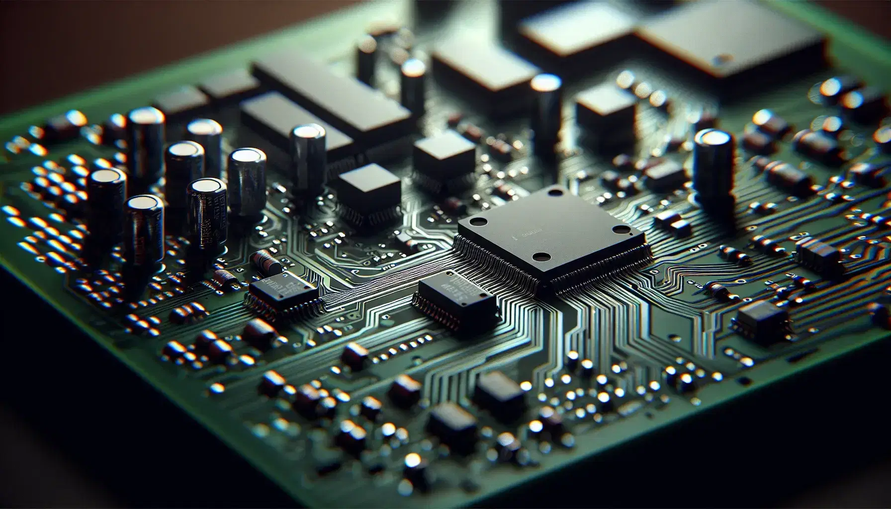 Close-up view of a dark green computer circuit board with metallic silver traces, various electronic components, and a prominent square microchip.